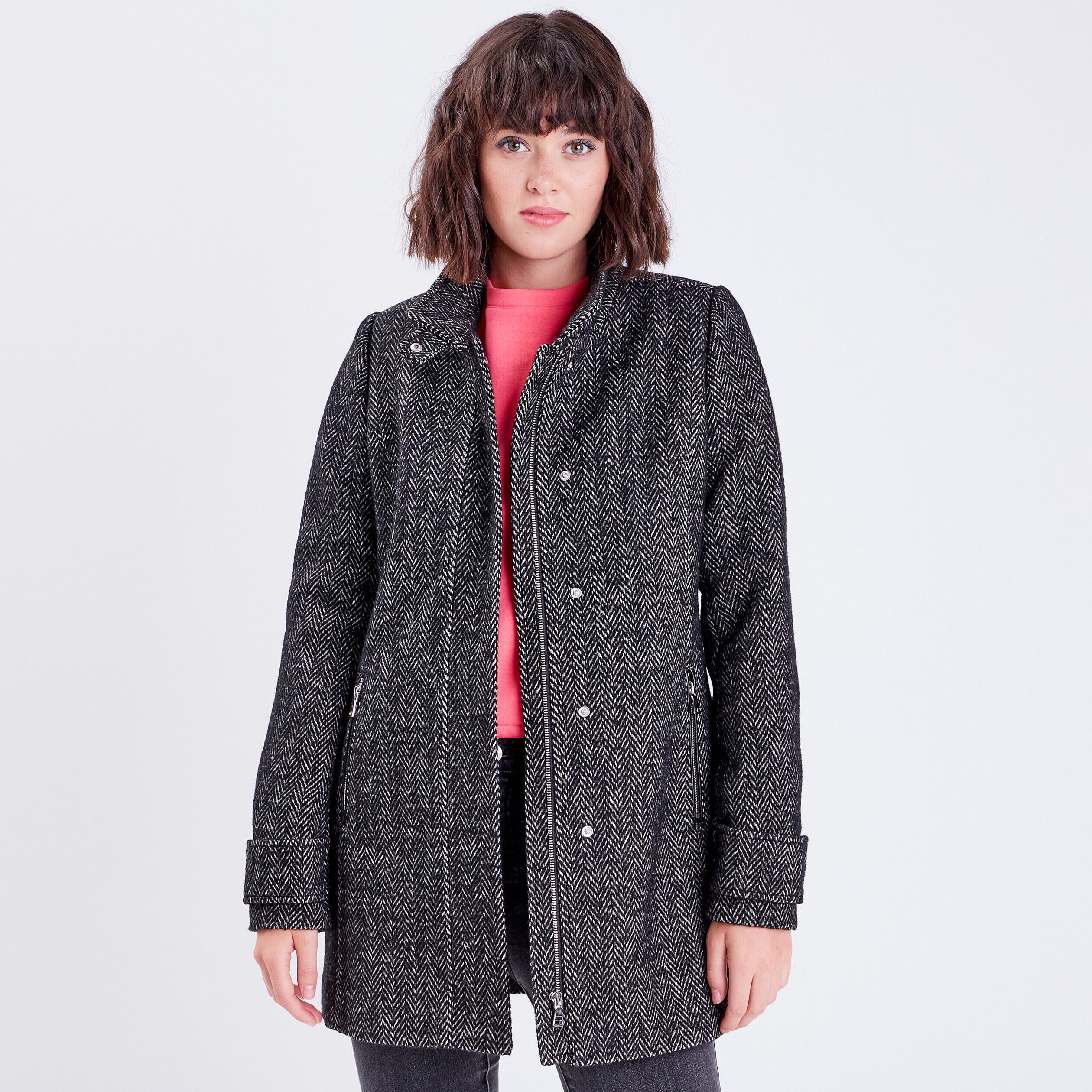 Manteau droit zippé noir femme | Cache Cache