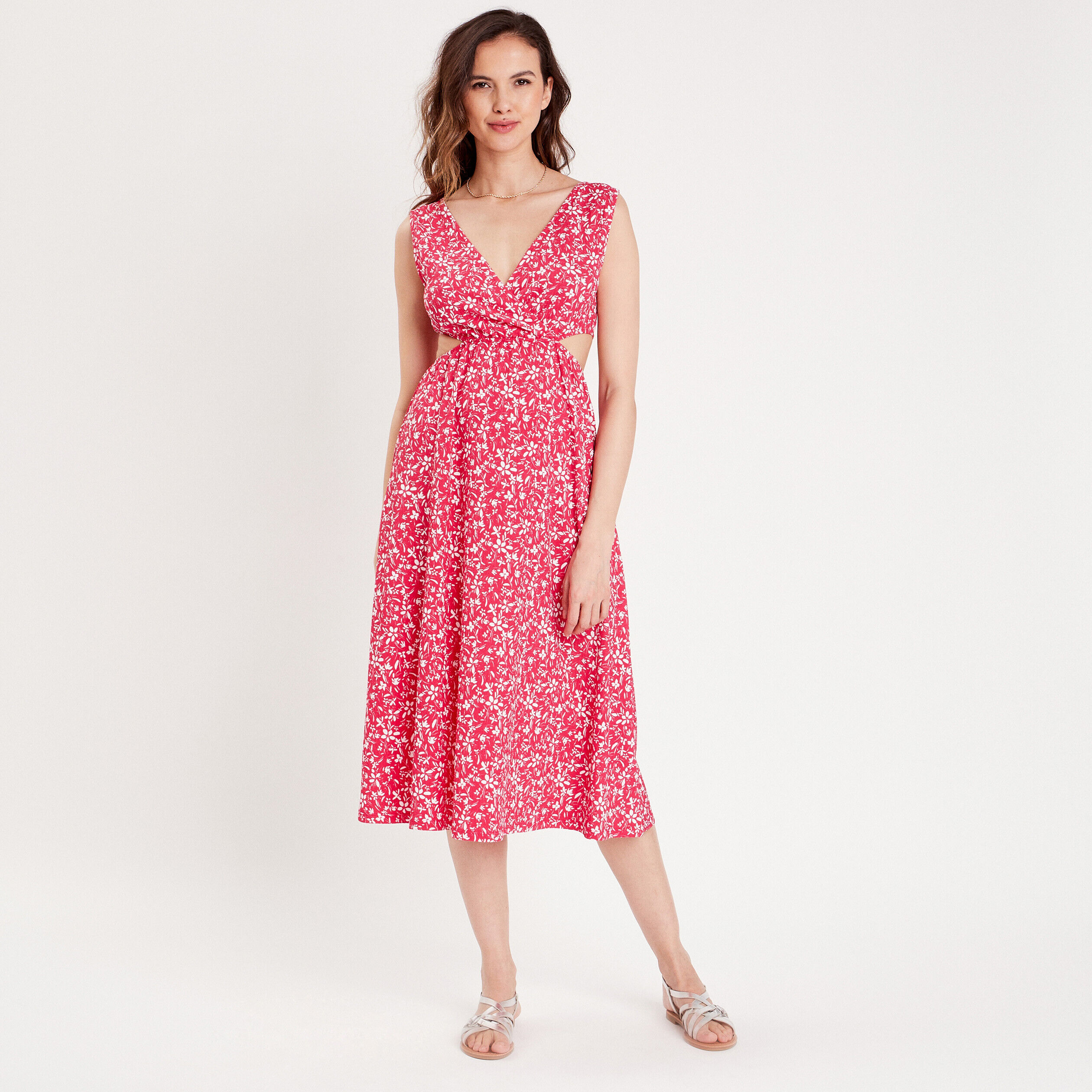 Robe midi évasée ouvertures rose fushia femme | Cache Cache