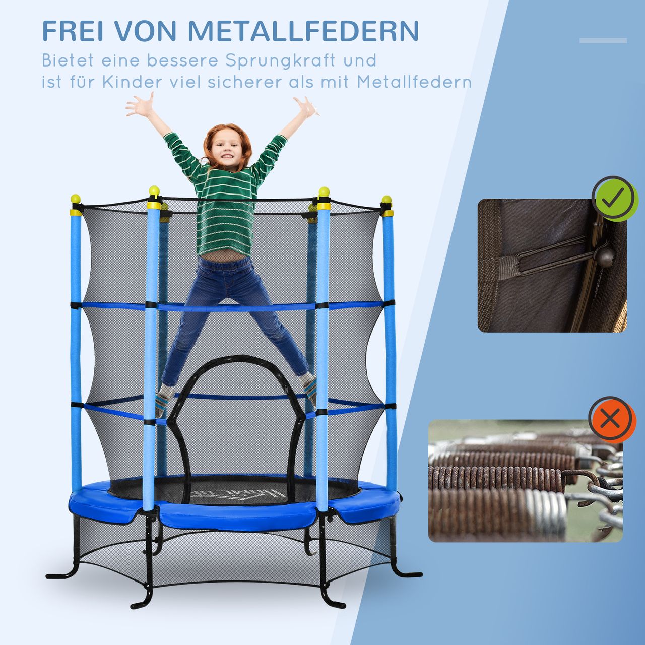 HOMCOM Trampolin Ø163 cm Gartentrampolin Mini-Trampoline für Kinder mit Sicherheitsnetz Randabdeckung Kleinkind-Trampolin für drinnen und draußen springen Gummiseil gepolstert Stahl Blau bis 45 kg