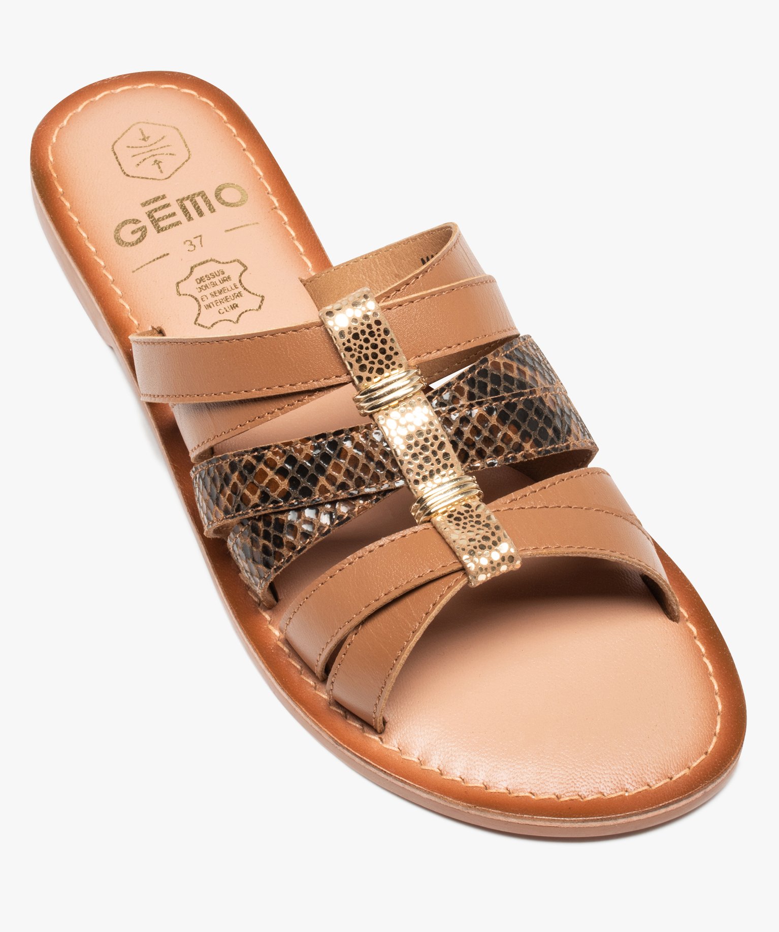 Sandales femme mules plates dessus cuir détails métal marron | GEMO