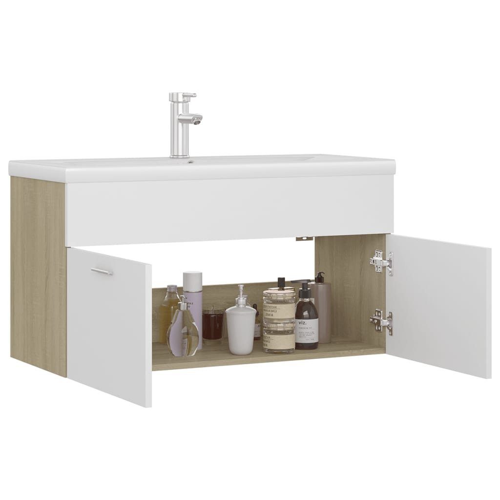 vidaXL Badezimmerspiegelschrank Waschbeckenunterschrank mit Einbaubecken Weiß und Sonoma-Eiche (1-St)