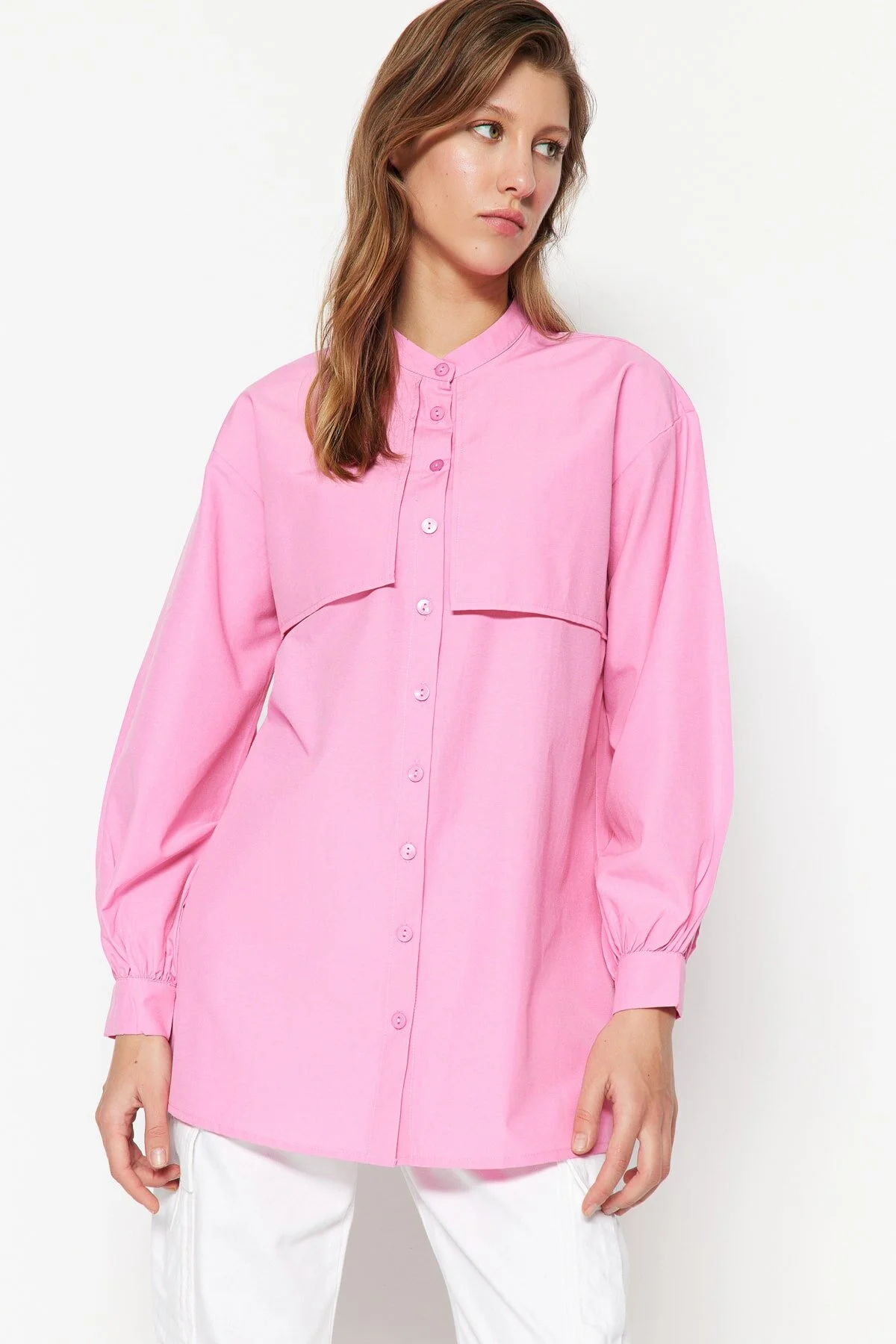 Trendyol Modest  Rosa gewebtes Baumwollhemd TCTSS23TG00030