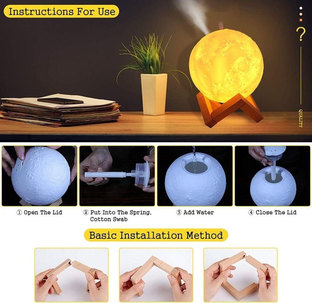 Yunnker Luftbefeuchter LED Luftbefeuchter Schlafzimmer,3D-Mond Befeuchter