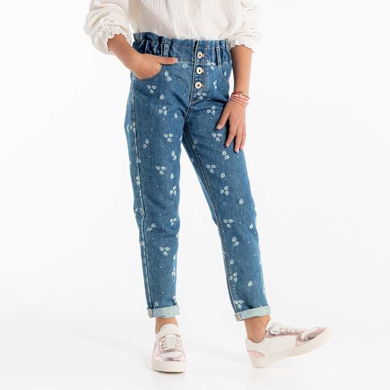 Jean mom paper bag bleu fille