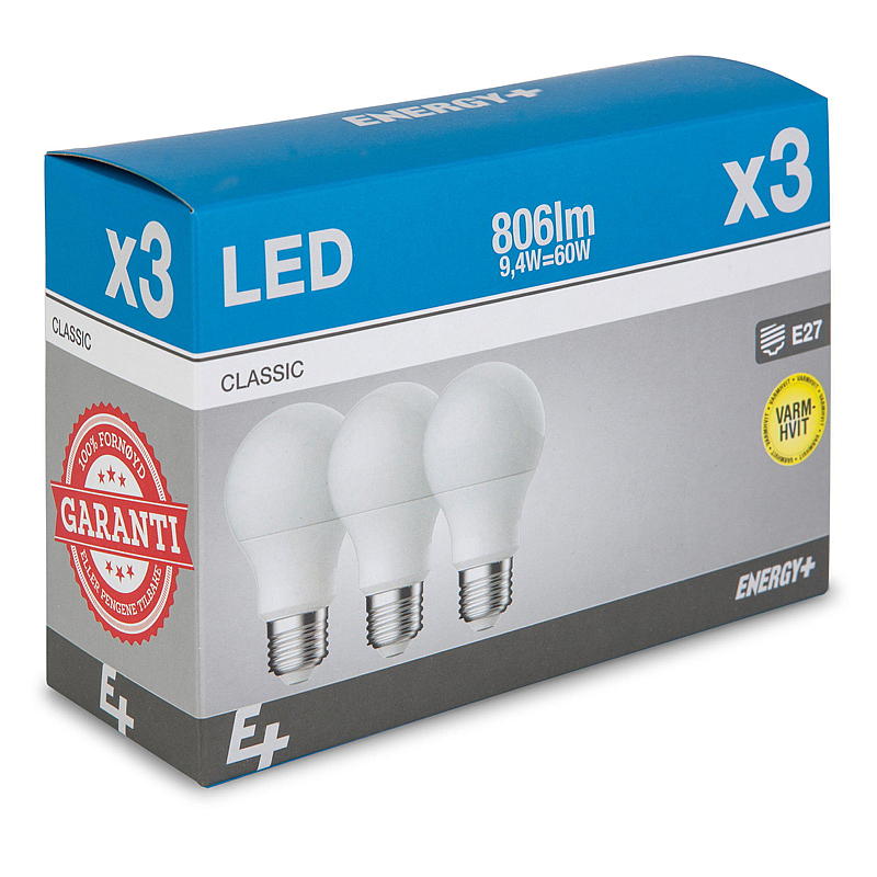 Energy Lyspære LED 806 lm 3-pk Classic E27 A60