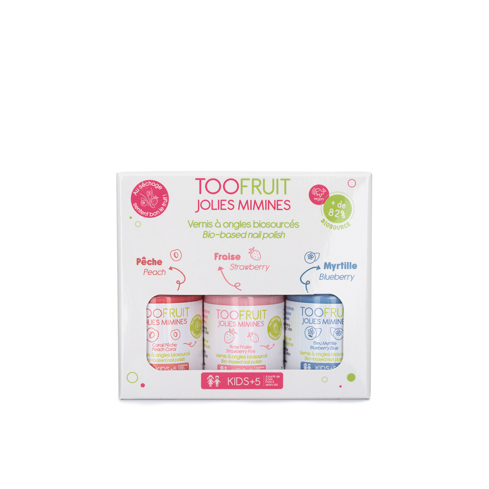 toofruit Coffret 3 Jolies Mimines, Vernis à ongles biosourcé Pêche, Fraise, Myrtille Vernis à ongle biosourcé Pêche, Fraise,Myrtille