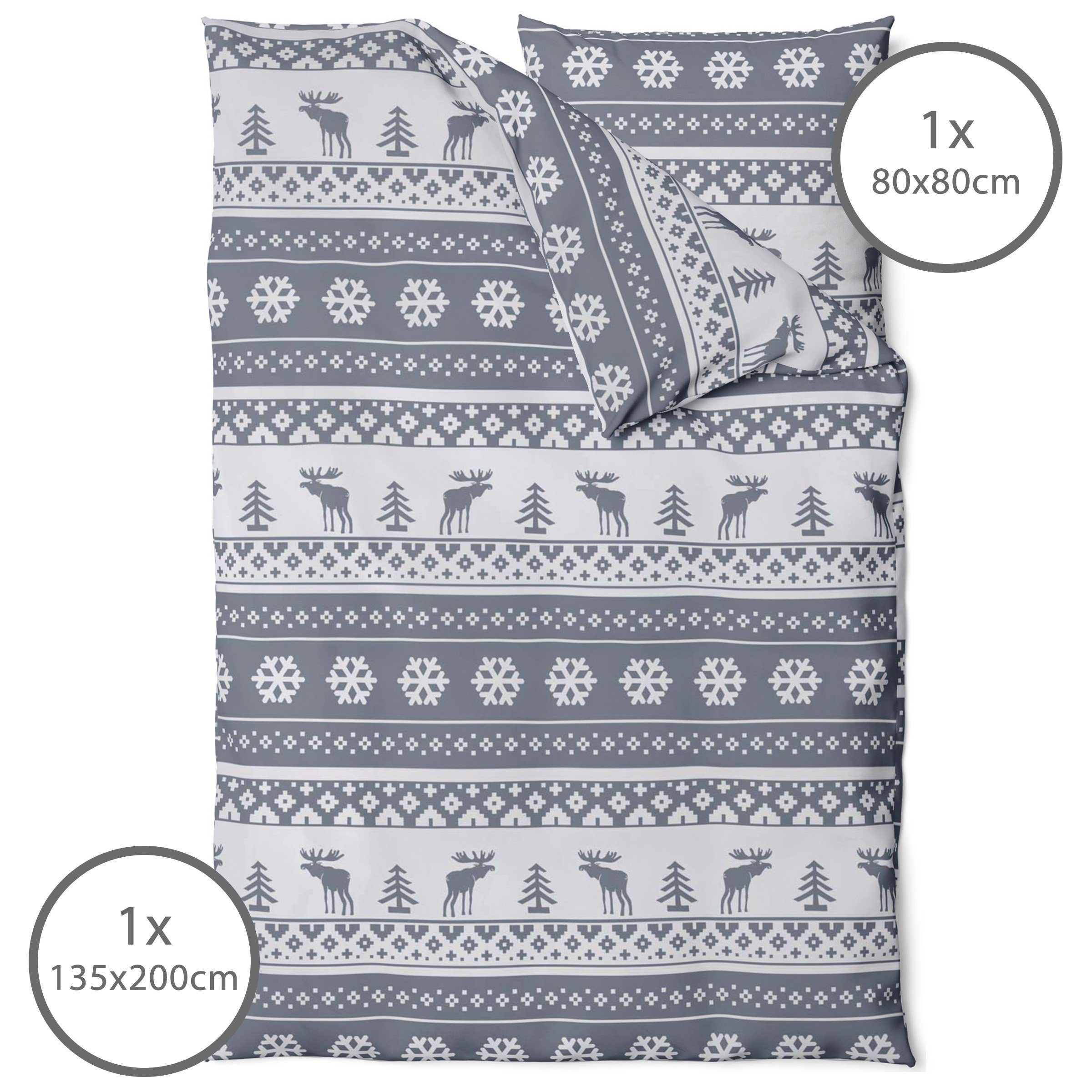 Bettwäsche Weihnachtsbettwäsche 135x200 / 155x220 2tlg - Biber Bettwäsche, LINKHOFF, Weihnachten, Elch Motive, Bettwäsche aus 100% Baumwolle