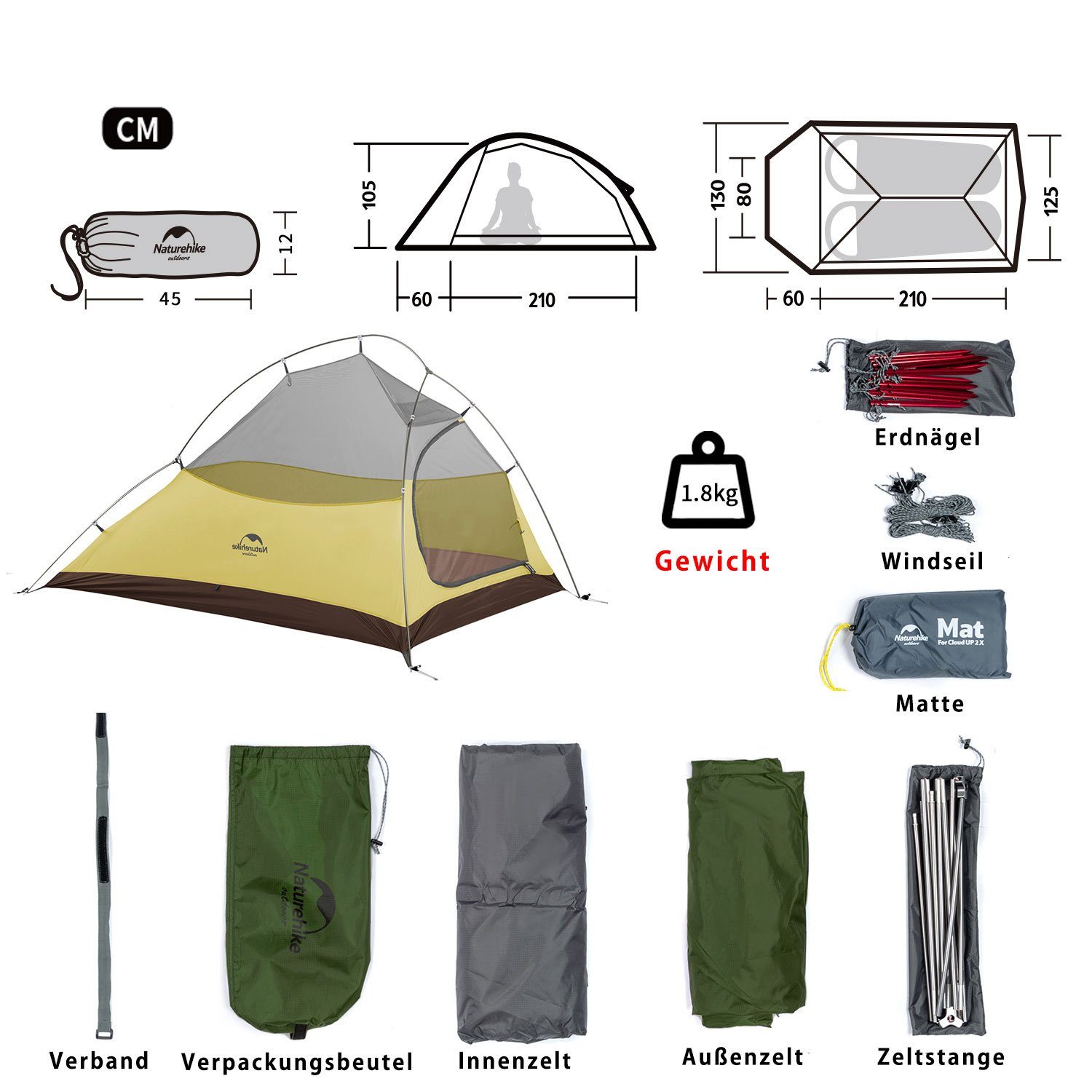 Naturehike Kuppelzelt Campingzelt Ultraleichtes Zelt Wasserdicht Leichtes Rucksackzelt, Personen: 2