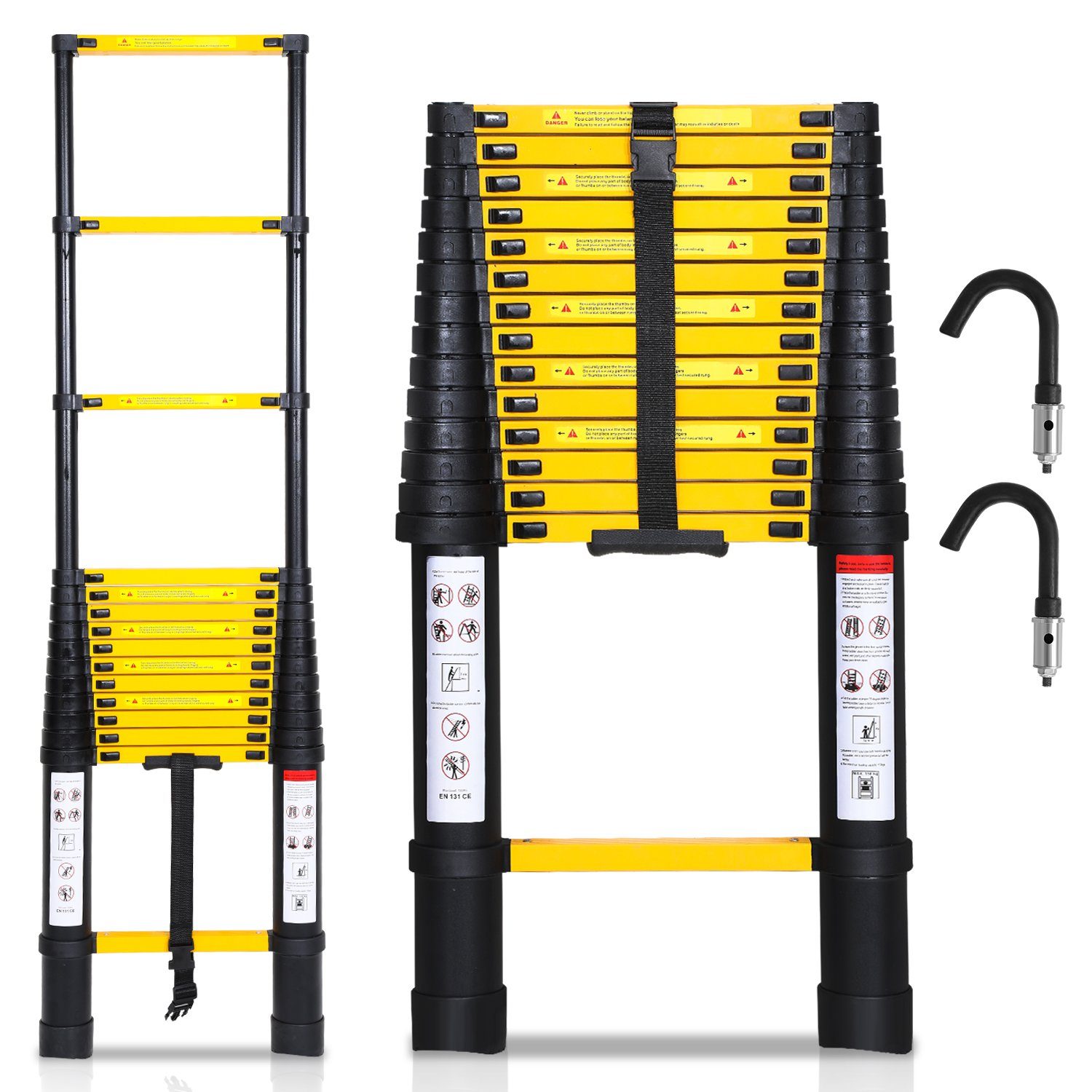 Lospitch Teleskopleiter Teleskopleiter Alu 4.4m Ausziehleiter Anlegeleiter mit haken
