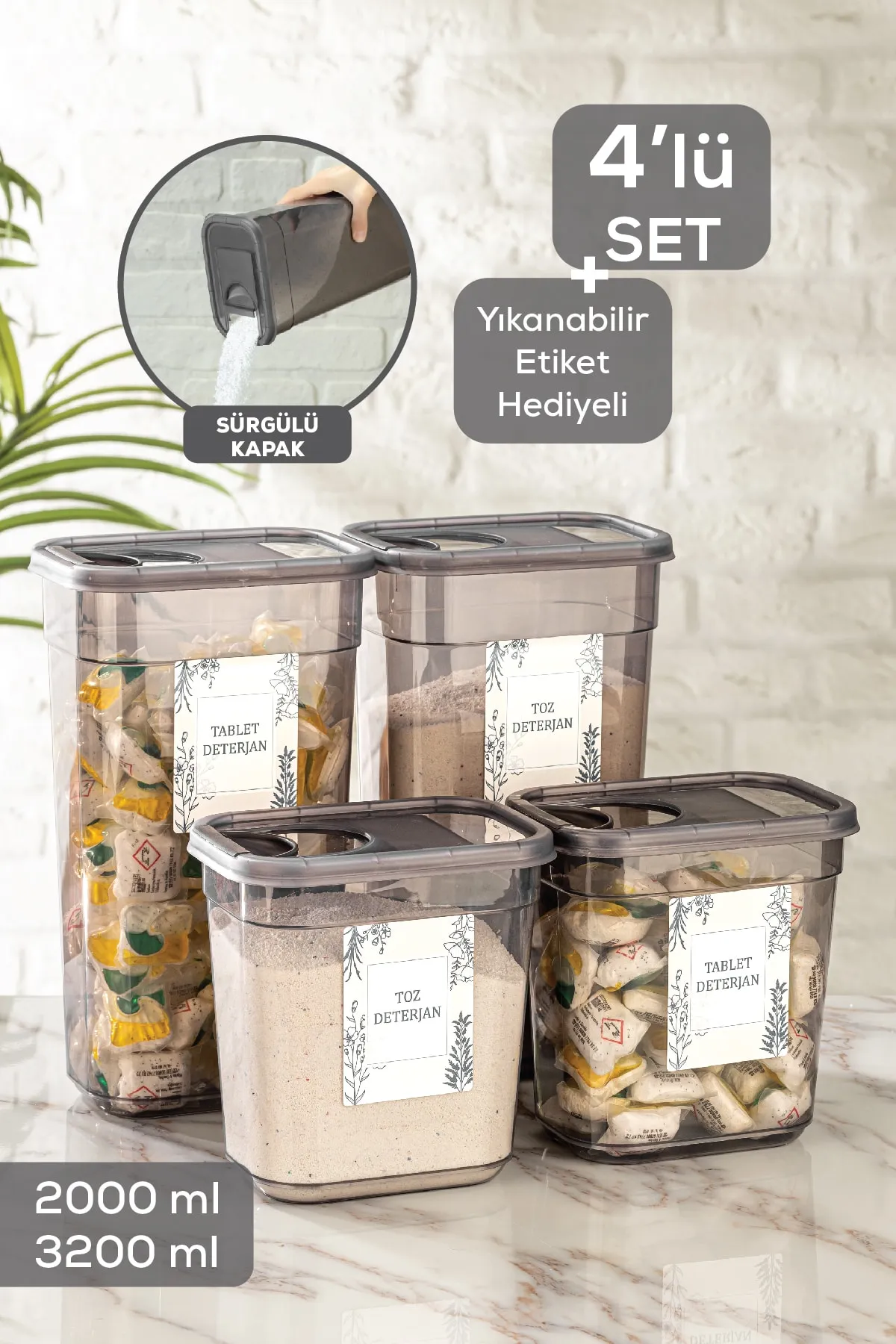 Meleni Home  4-teilige Vega-Tablettenwaschmittel-Aufbewahrungsbox mit Schiebedeckel, beschriftet, rechteckiger Aufbewahrungsbehälter, 2 l–3,2 l