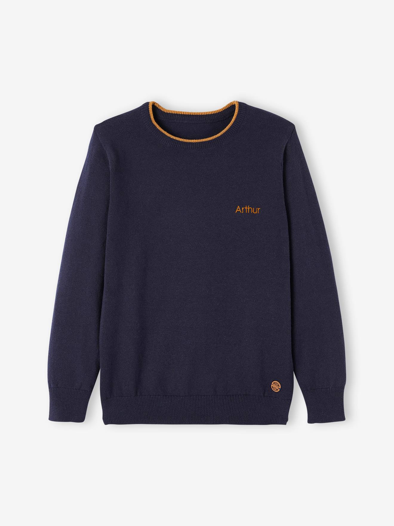 Vertbaudet Jungen Feinstrick-Pullover BASIC, personalisierbar - grau meliert