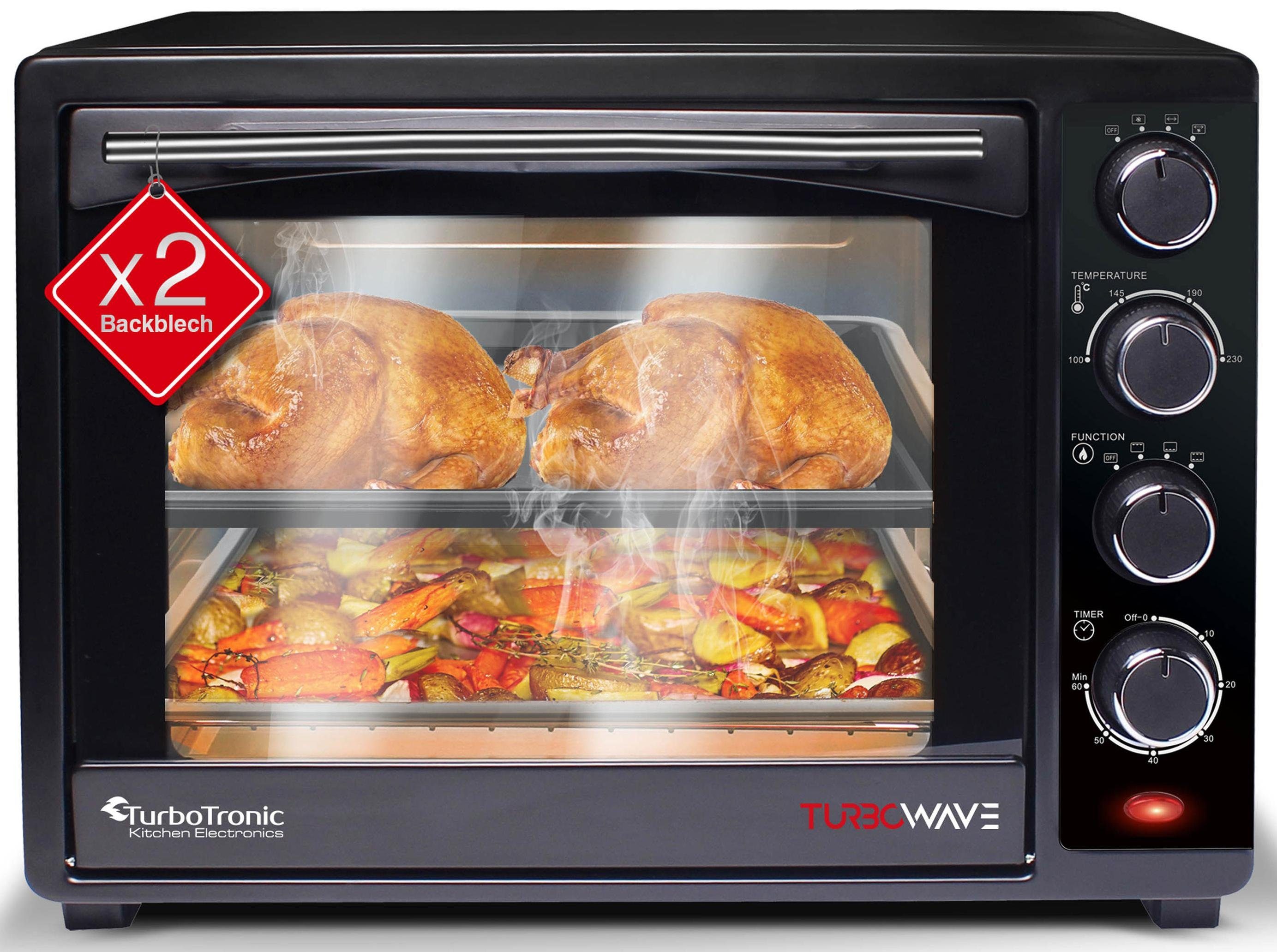 TurboTronic by Z-Line Minibackofen 35 Liter Schwarz, inkl. 1x Grillrost & 2x Backblech 1600W Camping, Pizzaofen 100-230°C Tischbackofen, mit Drehspieß