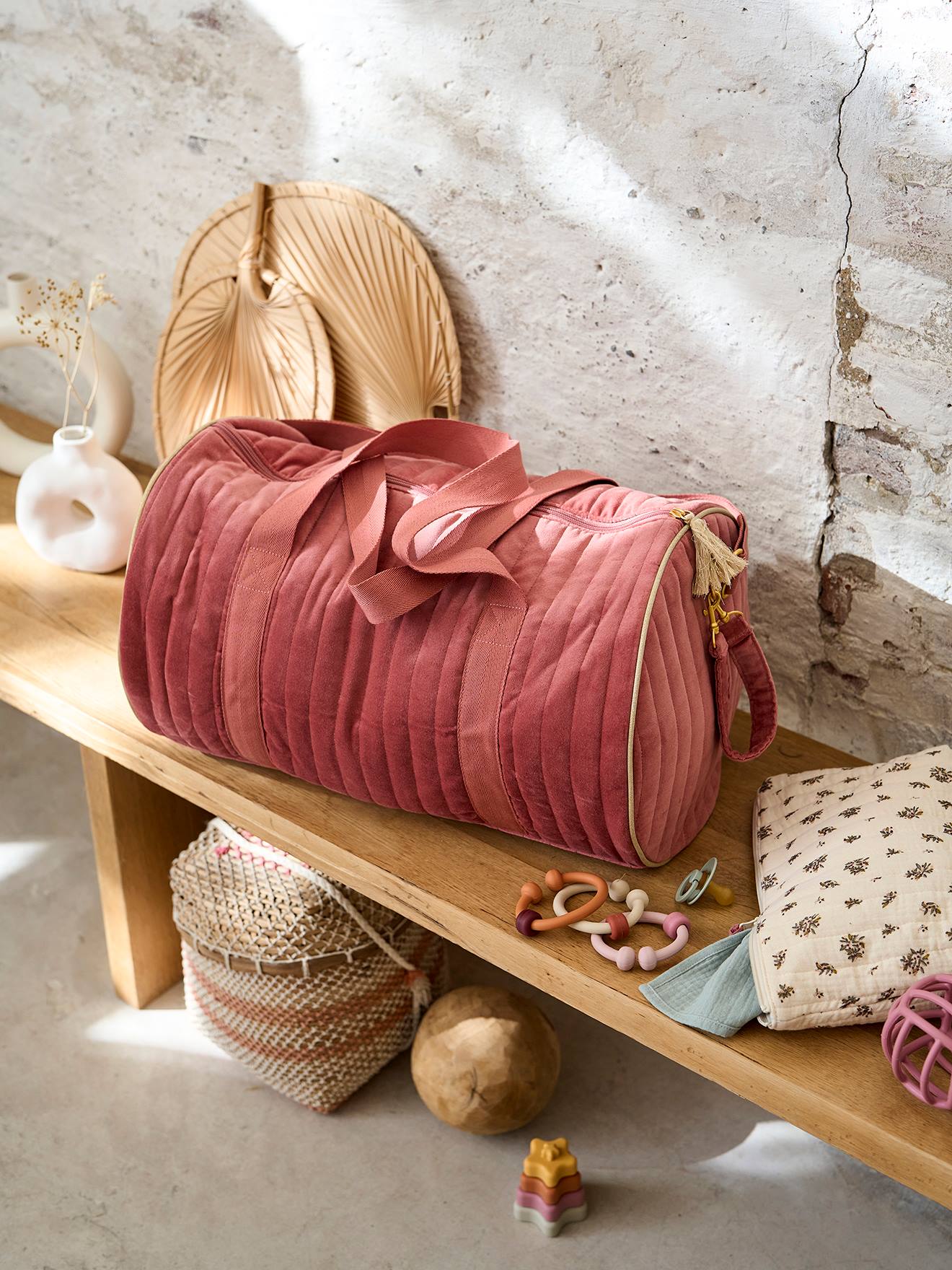 Sac à langer Baby Roll en velours bois de rose grenier