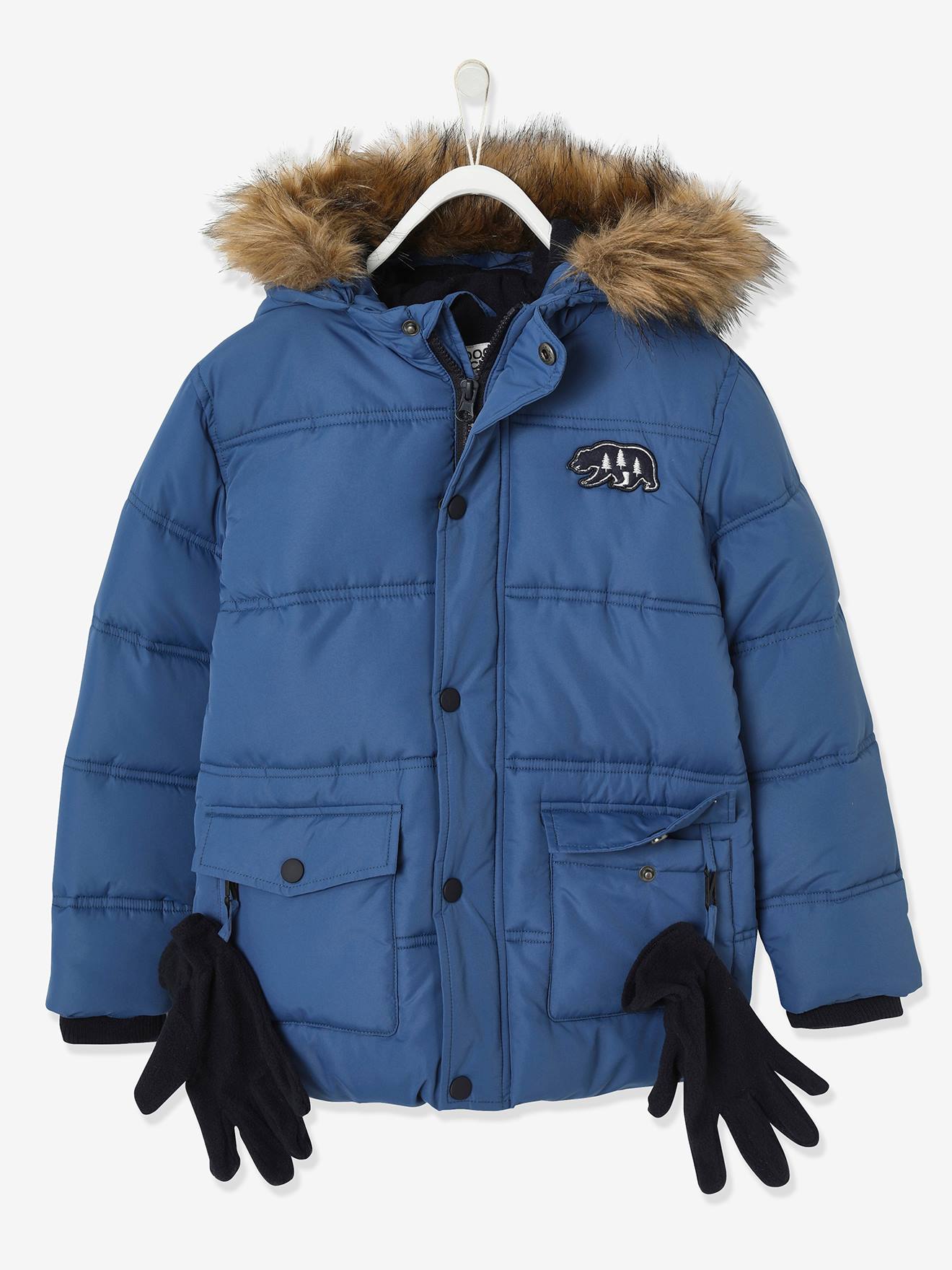 Doudoune longue à capuche garçon et ses moufles/ gants assortis bleu