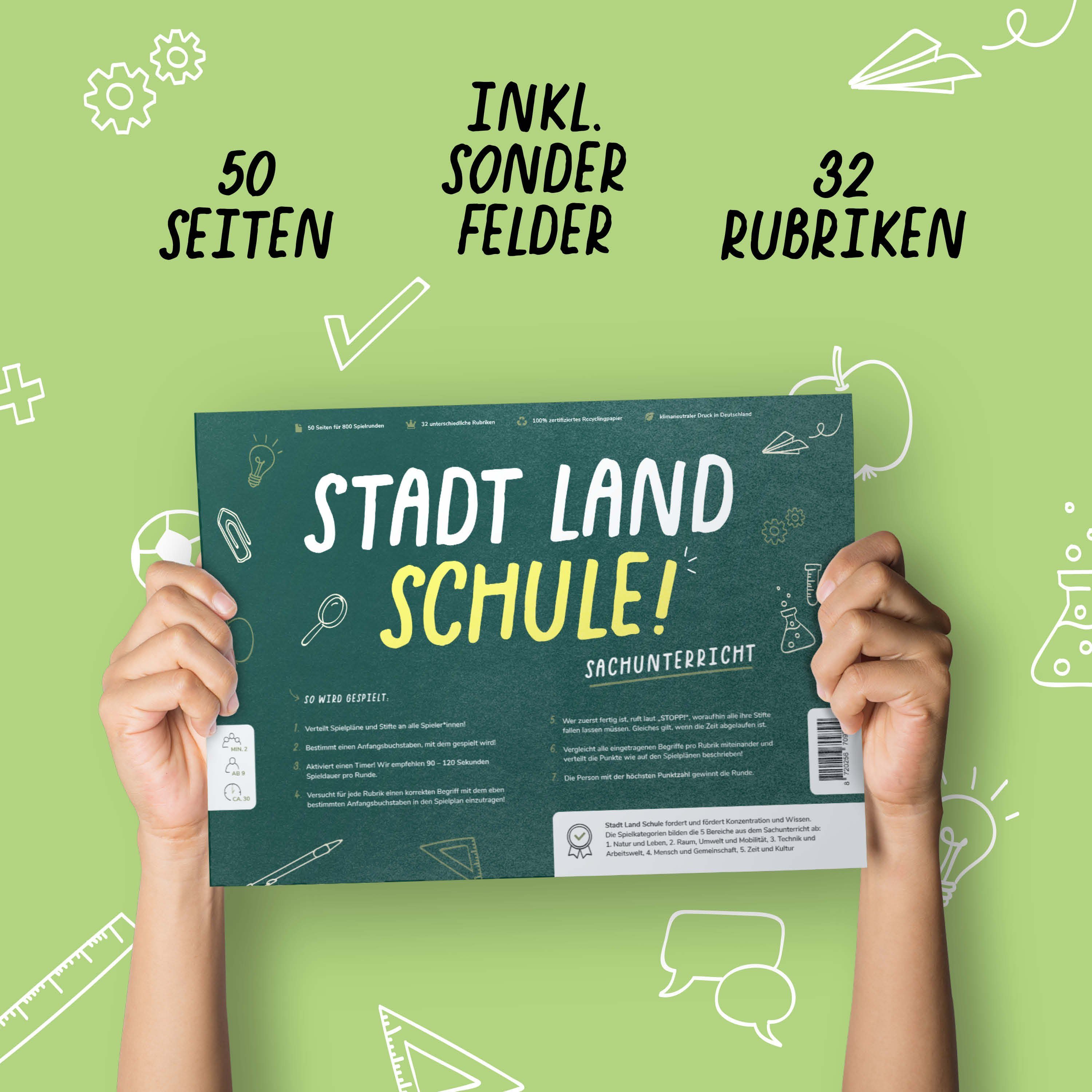 Pihu Spiel, Lernspiel STADT LAND SCHULE (SACHUNTERRICHT), Lernspiel für den Sachunterricht, Klimaneutral gedruckt