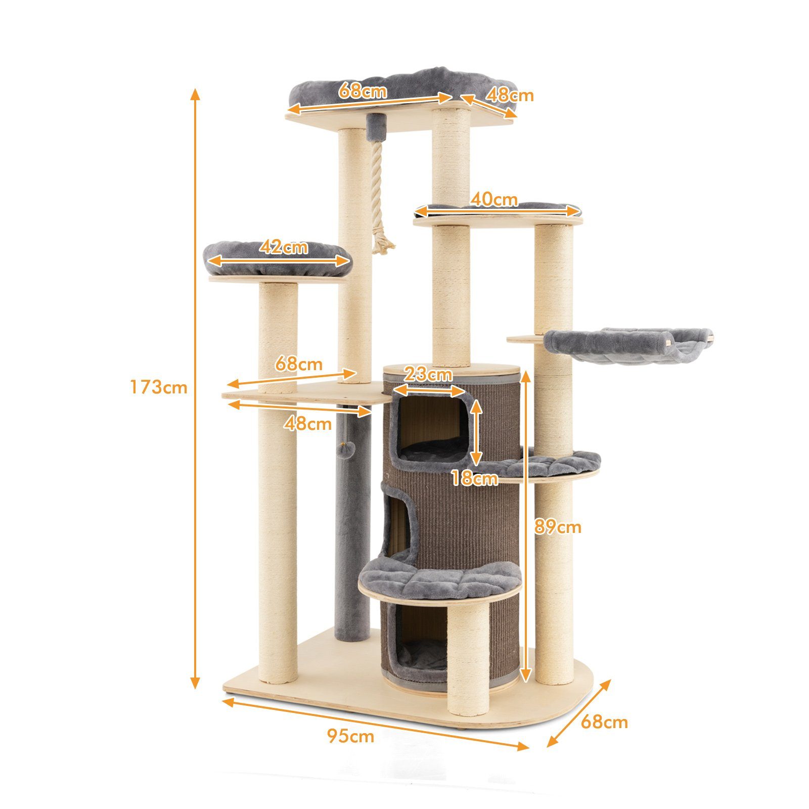 COSTWAY Kratzbaum Katzenbaum, 173cm deckenhoch, mit 3 Katzenhöhle