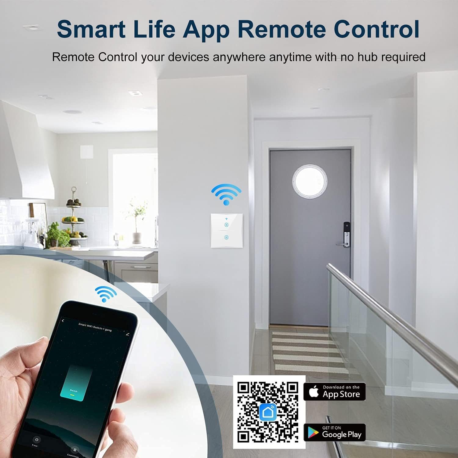 KESSMANN Smart Home Touch Wifi 2-Weg Lichtschalter Wireless Schalter weiß Glas Smarter Lichtschalter, kompatibel mit Alexa Google Assistant LED Wandschalter WLAN Timer funk