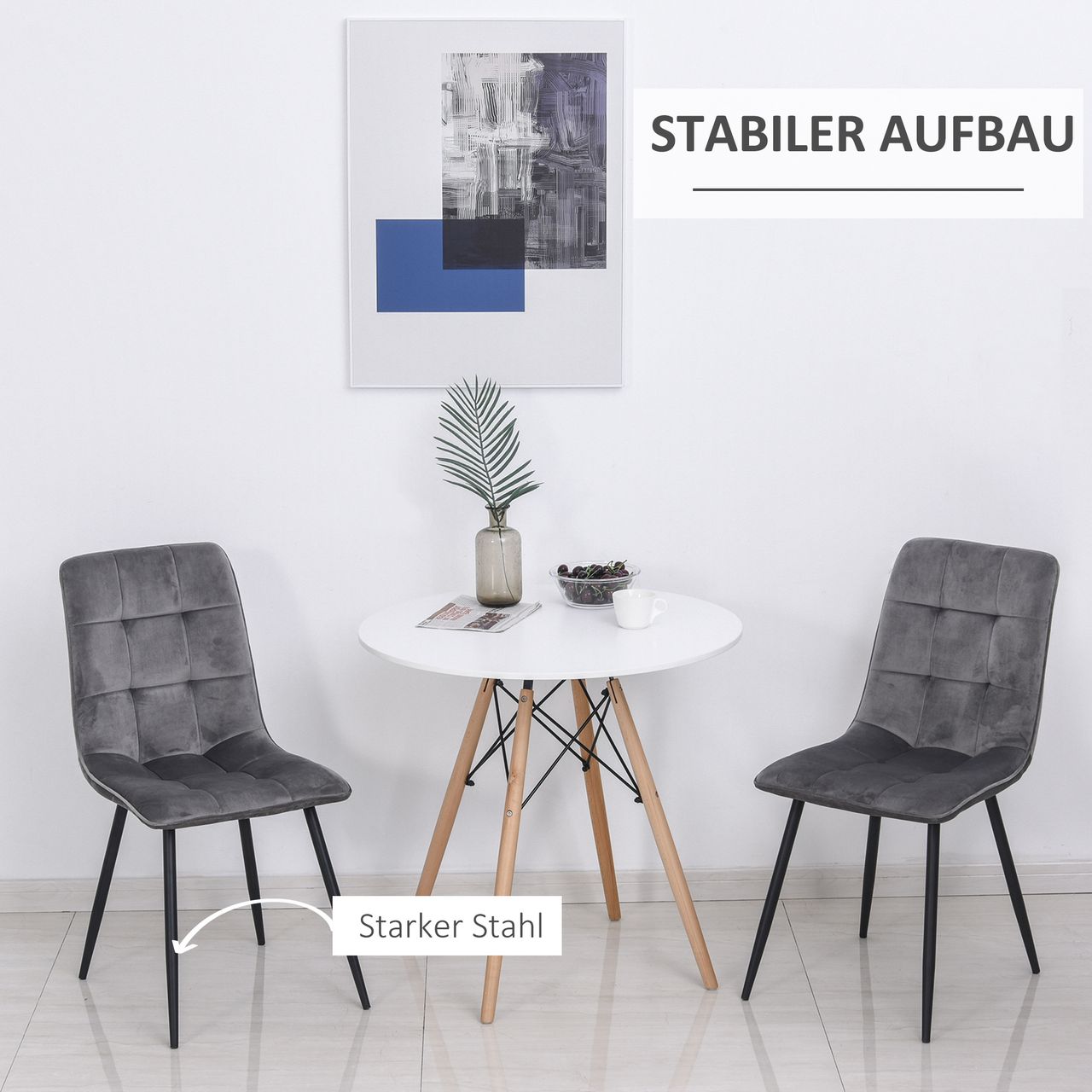 HOMCOM 2er-Set Esszimmerstuhl Küchenstuhl Esstisch Schaumstoff Metall Grau Schwarz 45 x 63 x 90 cm