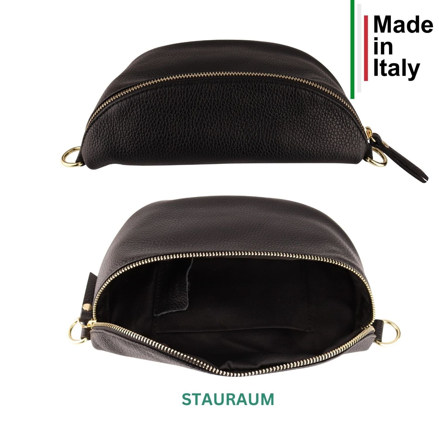 MIRROSI Bauchtasche Damen, Echtleder, Leder, Made in Italy, Umhängetasche, Brusttasche, (Schultertasche für jeden Anlass (1 Tasche & 2 Gurte), 3 Größen auswählbar; Goldene Karabiner), Crossbody Bag, Schwarz, gemusterten& verstellbaren Schulterriemen