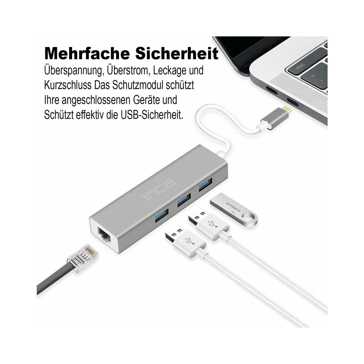 Inca USB-C HUB Type-C-Hub X4: USB 3.0, Ethernet RJ45 Multiplexer mit Strom- und Spannungsschutz Silber