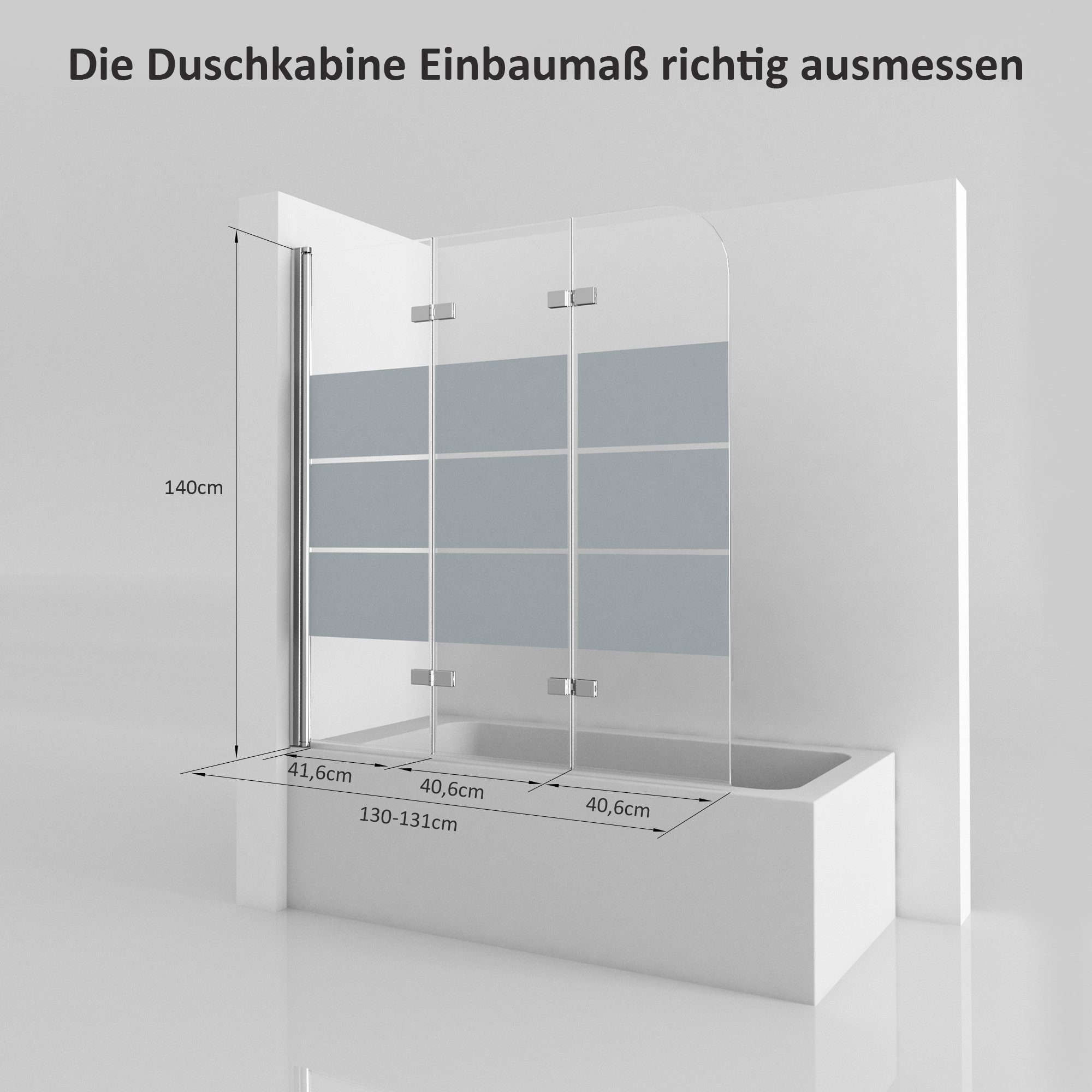 Boromal Badewannenaufsatz Badewannen Duschwände 3 teilig 130cm Faltbar Badewannenfaltwand Glas, (Klarglas /Teilsatiniert glas), Badewannenfaltwand Glaswand 6mm ESG Glas