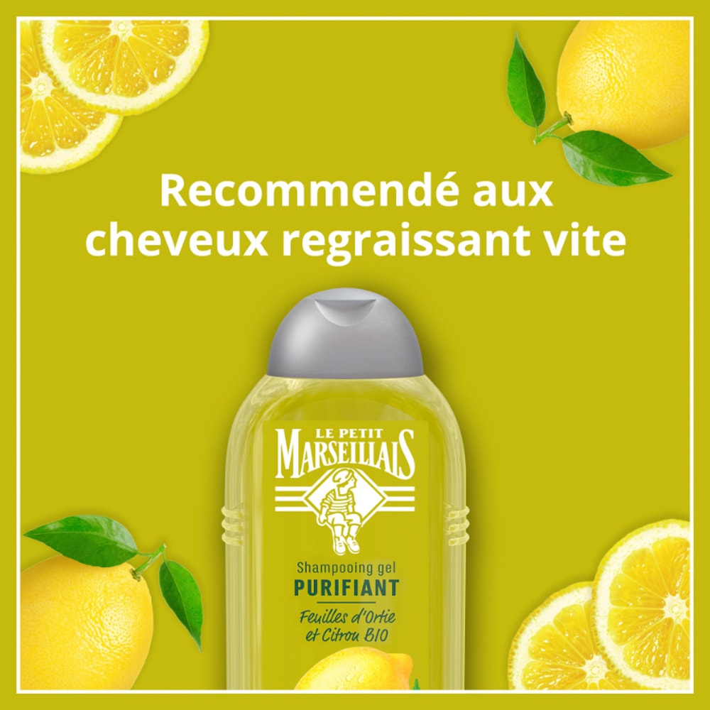 le petit marseillais Shampooing Purifiant, Cheveux Regraissant , Feuilles d'Ortie BIO & Citron BIO Shampoing