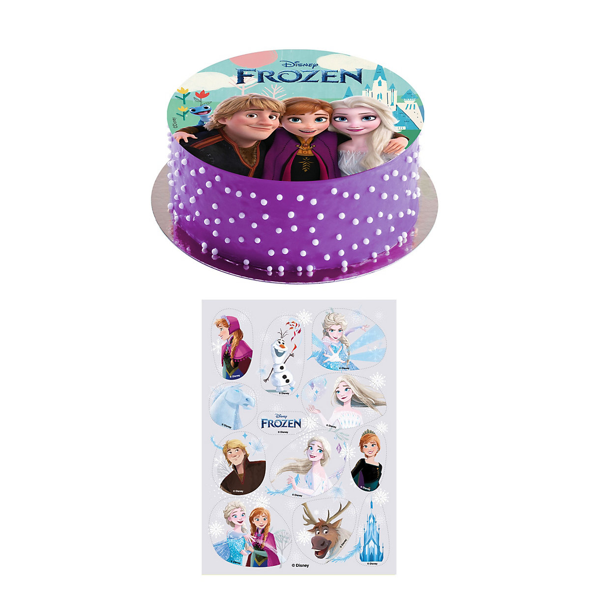 2er Set Frozen Essbarer Tortenaufleger + Mini-Törtchenaufleger