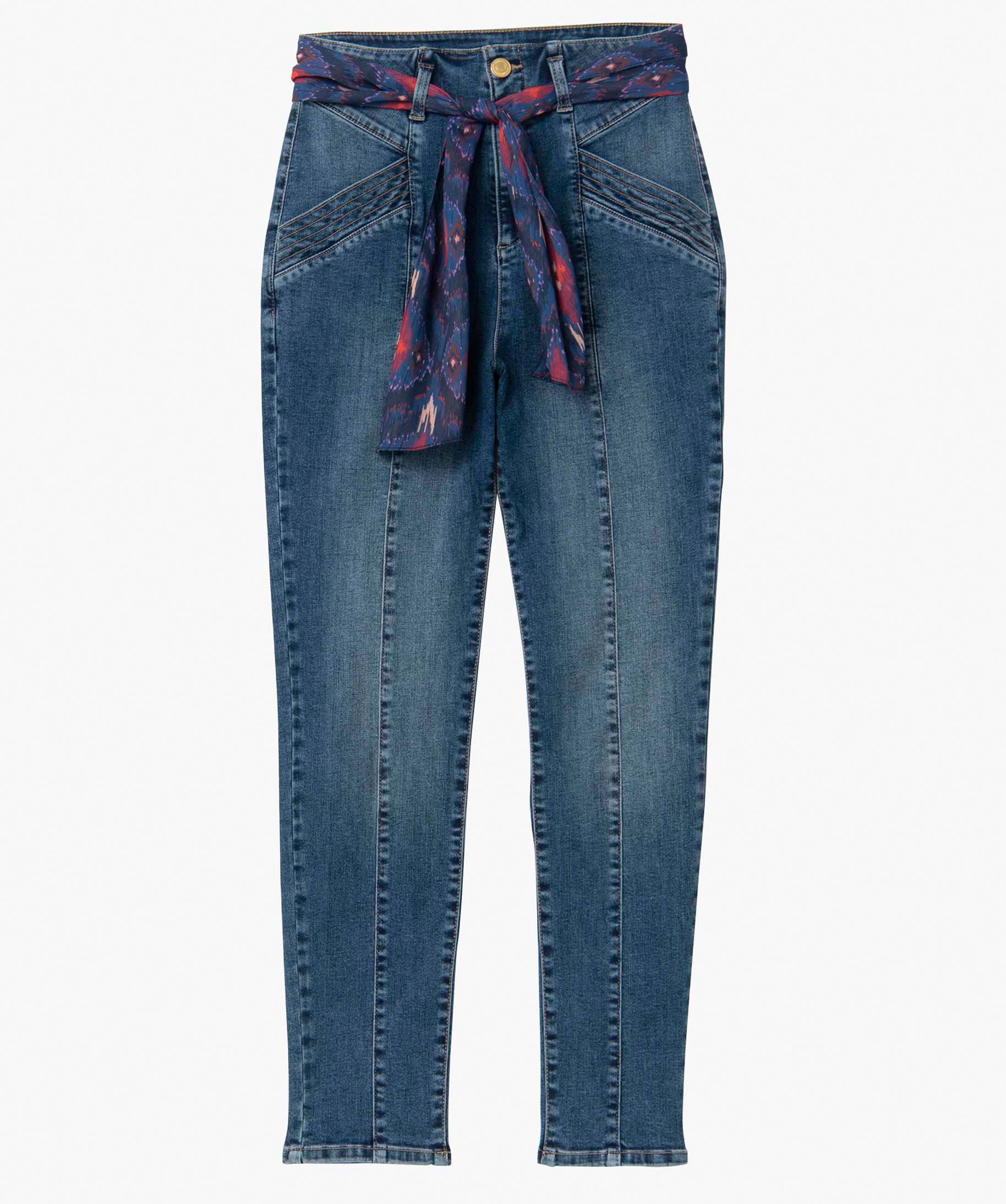 Jean femme taille haute avec surpiqres et ceinture foulard stone | GEMO