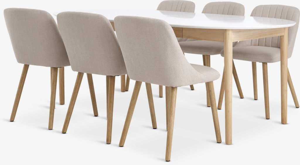 MARSTRAND ADSLEV MARSTRAND Ø110/200 mesa branca 4 Cadeira ADSLEV com braços bege