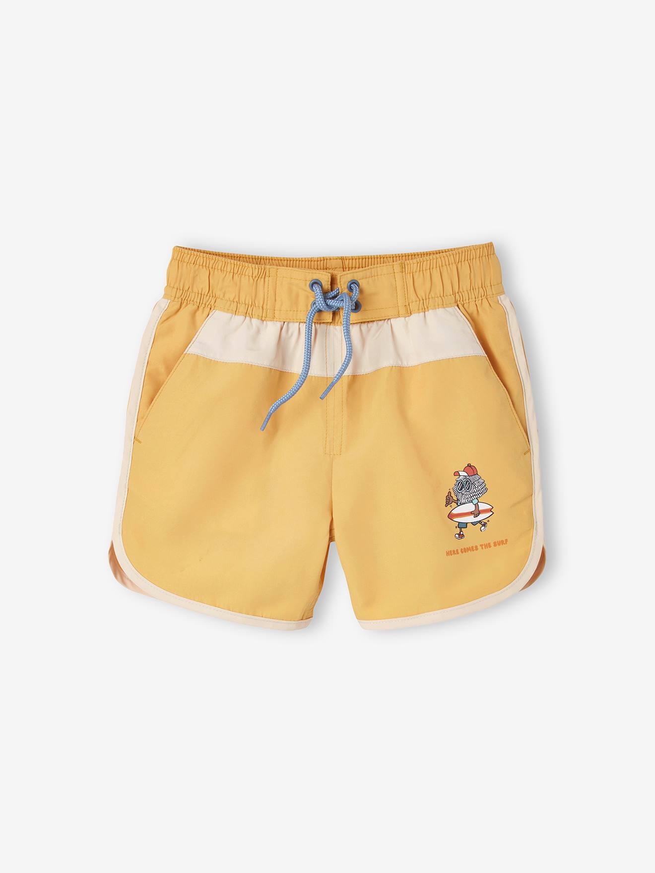 Short de bain bicolore imprimé surf garçon jaune ambre