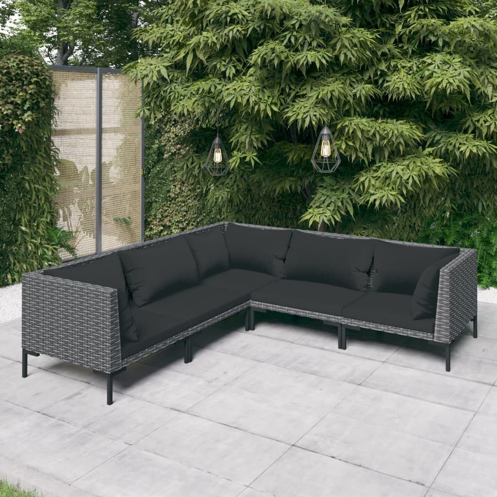 vidaXL Gartenlounge-Set 5-tlg. Garten-Lounge-Set mit Auflagen Poly Rattan Dunkelgrau, (1-tlg)