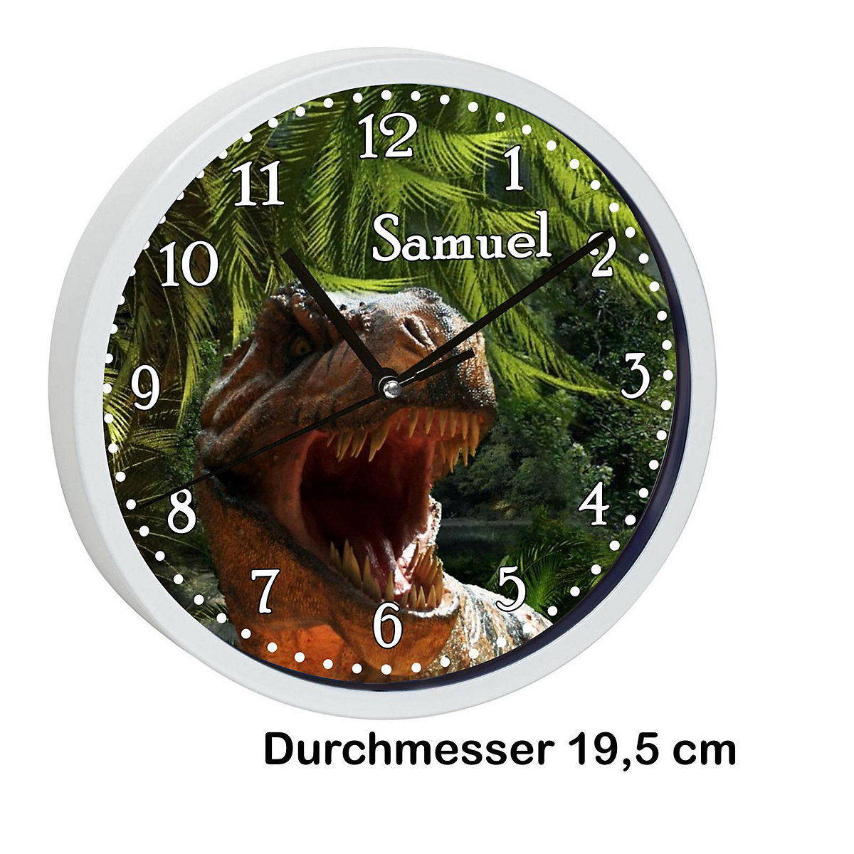 Kinder Wanduhr laufruhig personalisiert mit Name T-Rex