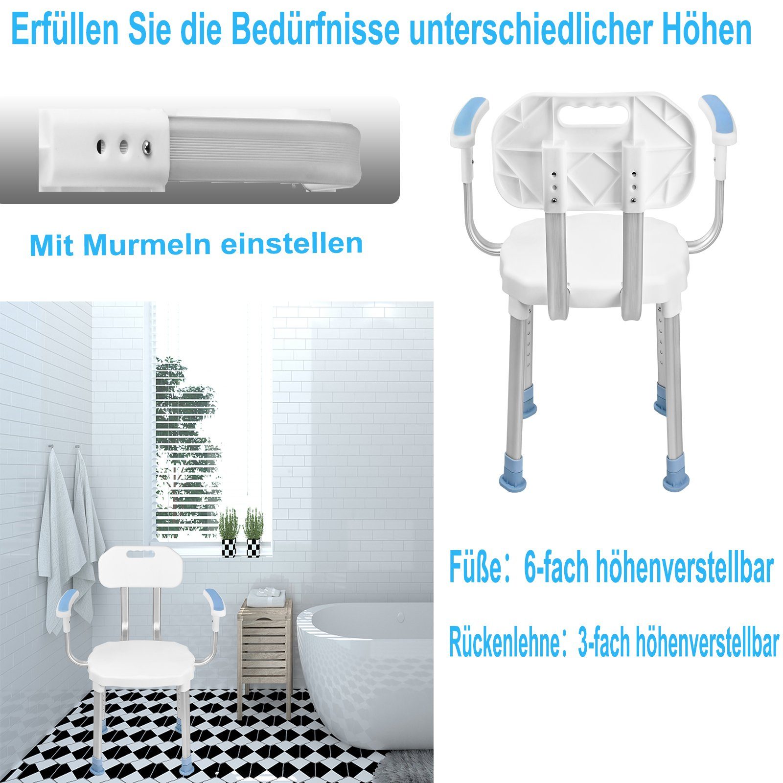 AUFUN Badewannensitz Duschstuhl, belastbar bis 150 kg, mit Rückenlehne Armlehne