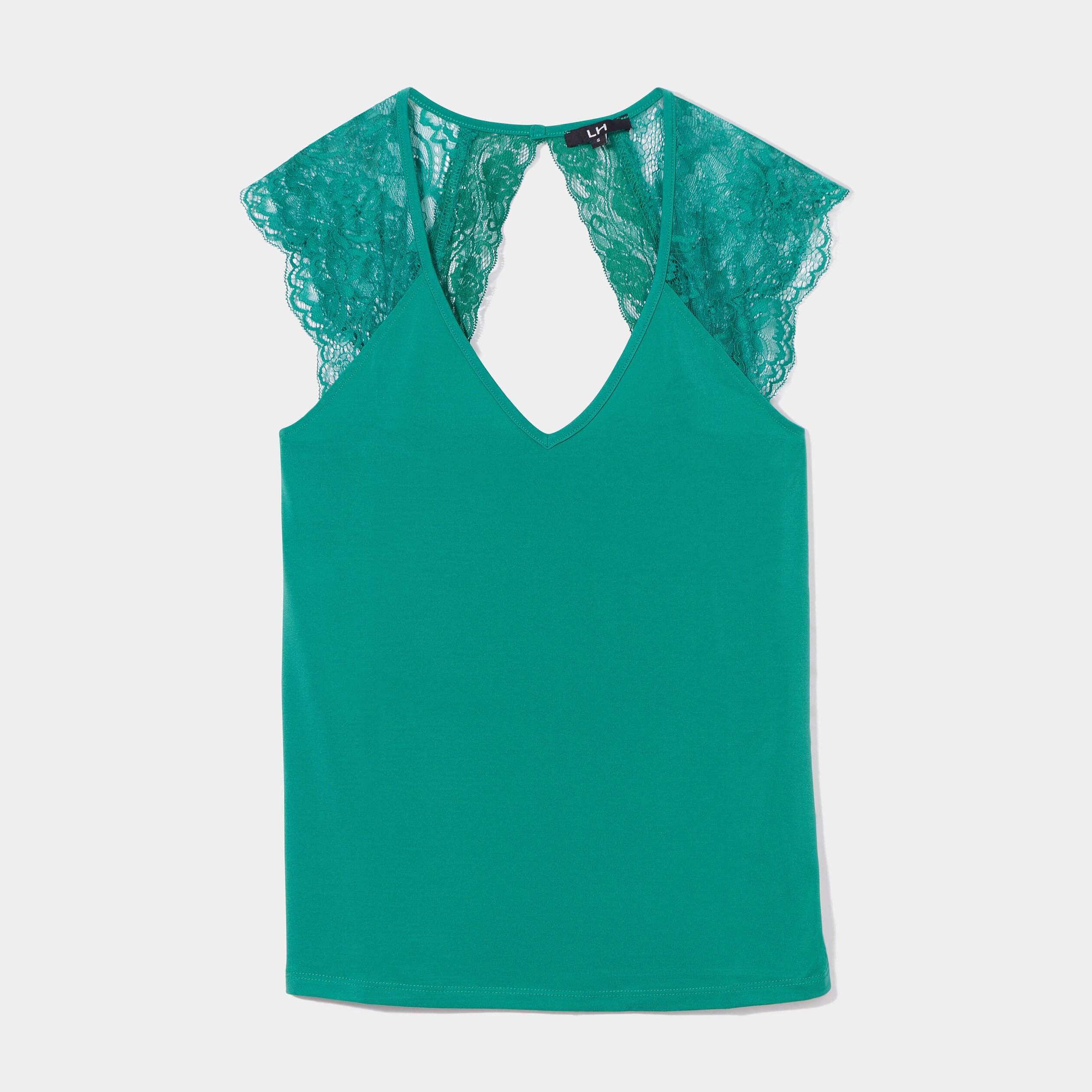T-shirt col en V dos dentelle vert émeraude femme | La Halle