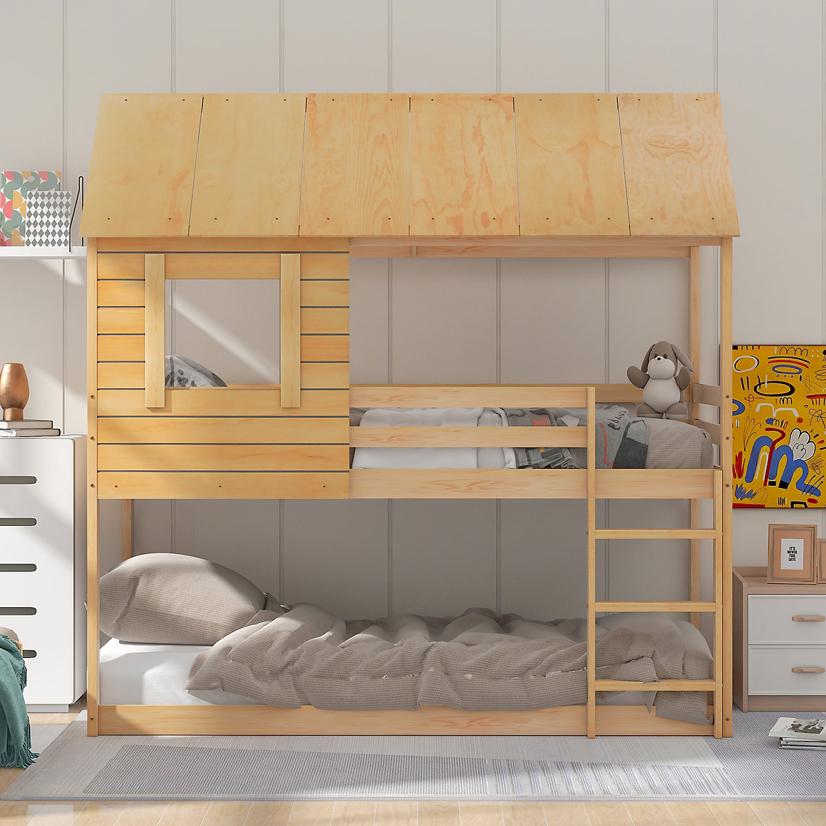 Etagenbett Kinderbett, Holz, Etagenbett 90 X 200 cm, Kinder hausbett, mit Dach, Leiter und Lattenrost