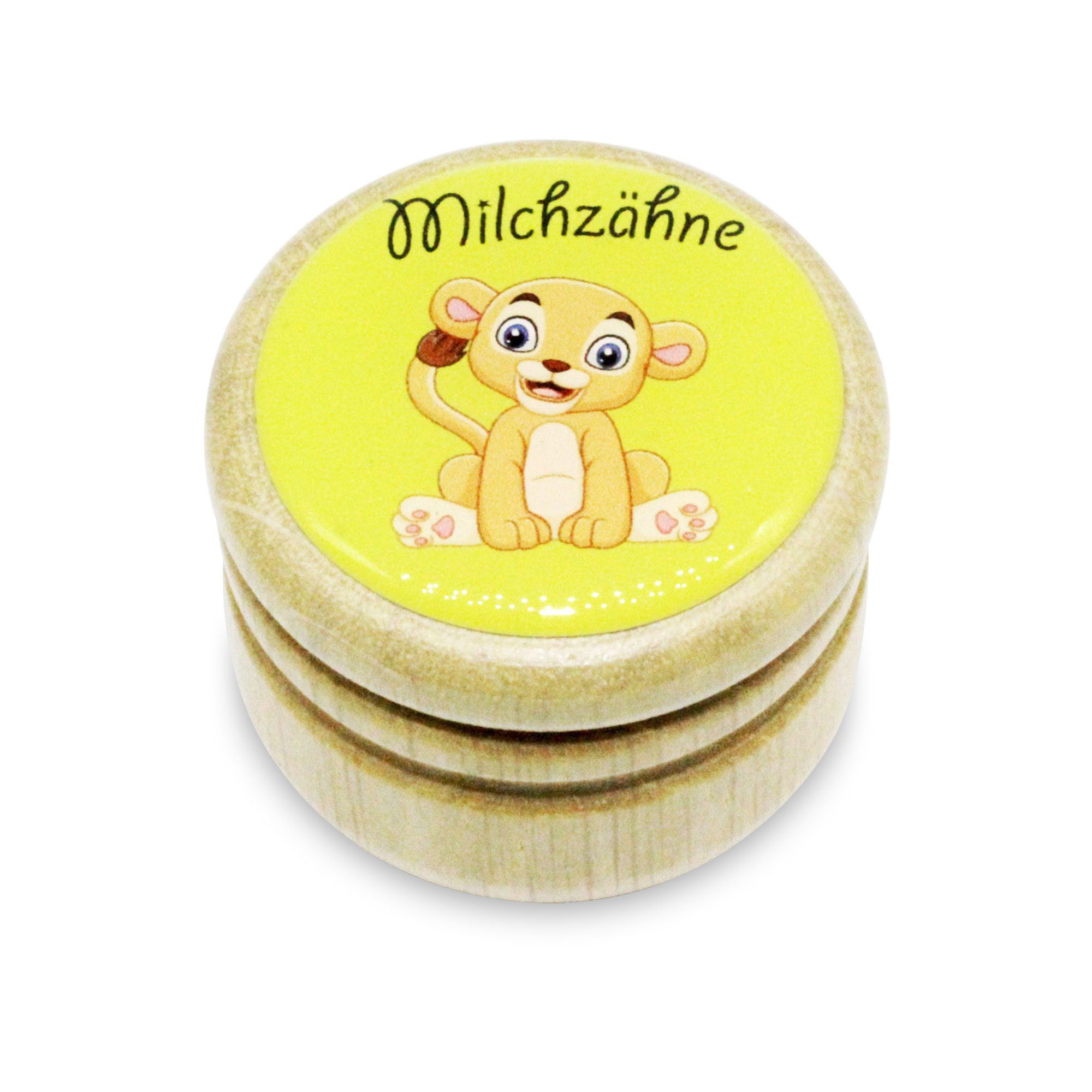GICO Zahndose Milchzahndose Löwe Zahndose Milchzähne Bilderdose aus Holz mit Drehver, für Jungen und Mädchen