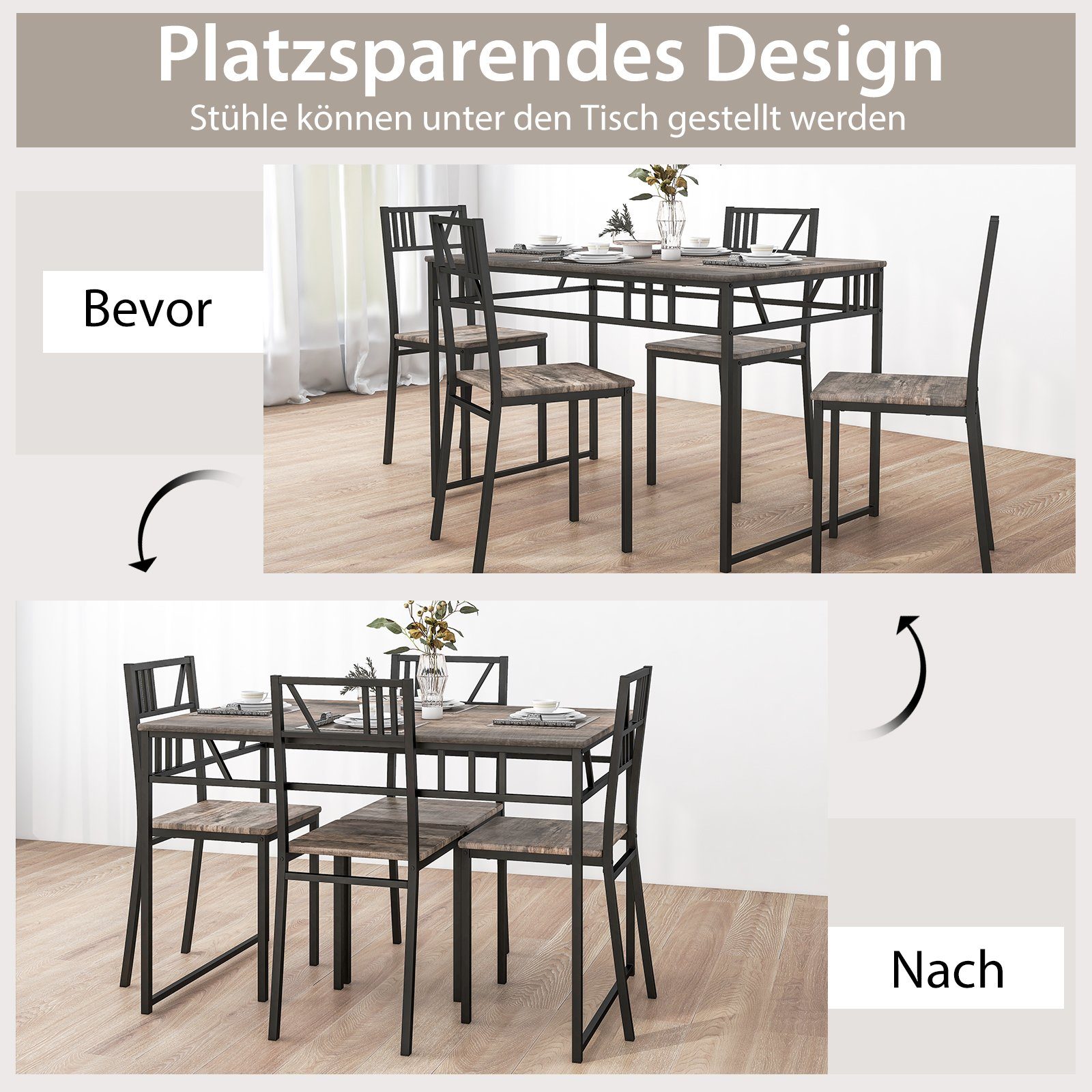COSTWAY Essgruppe, 5 tlg.Esstisch mit 4 Stühlen, für 4 Personen, platzsparend