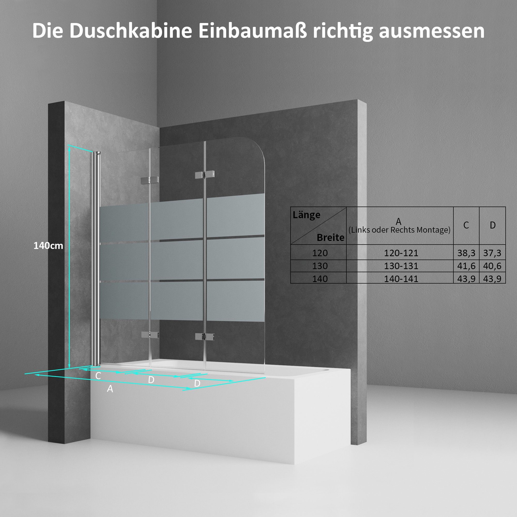 Boromal Badewannenaufsatz 140x140 130x140 120x140 3 teilig faltbar Duschwand für Badewanne Glas, 5mm Sicherheitsglas, Milchglas, verstellbar Alu Wandprofil, komplett faltbar, 180° schwenkbar, Rechts-und Links montierbar