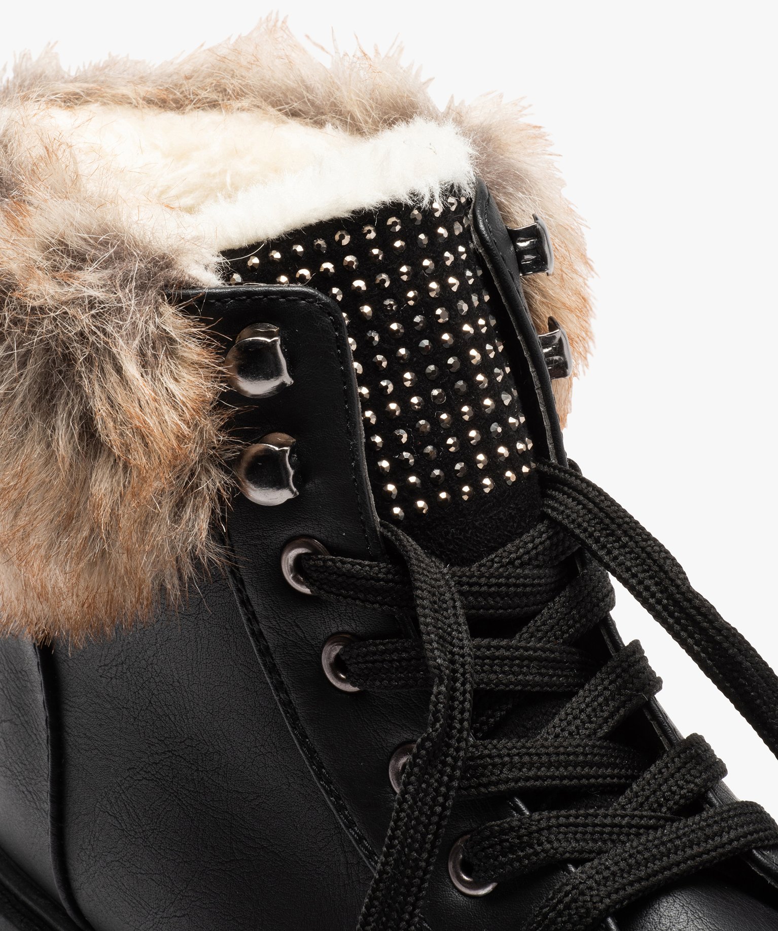 Boots fourrées femme col peluche et fermeture lacets noir | GEMO
