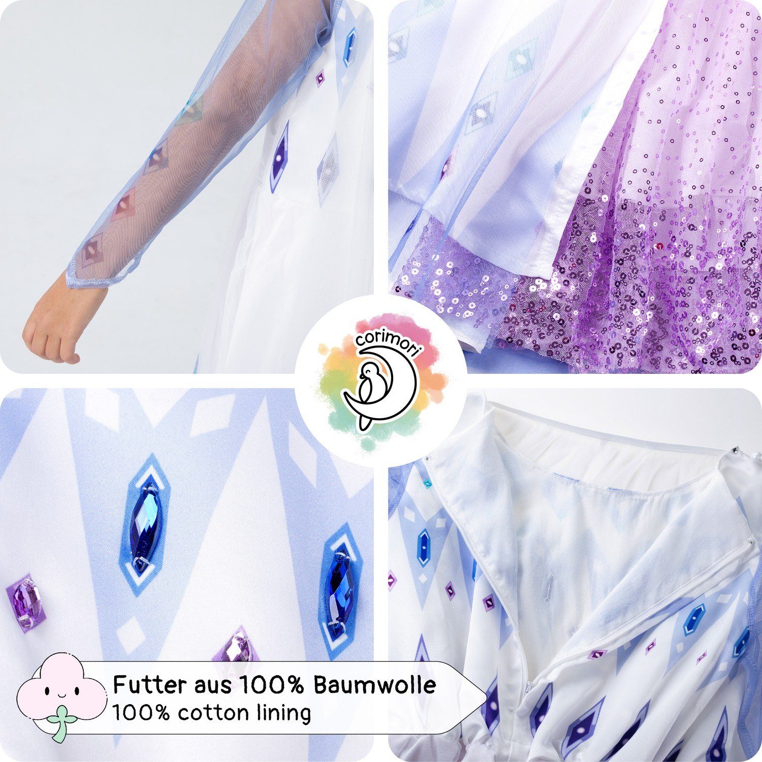 Corimori Prinzessin-Kostüm Prinzessinnen-Kostüm Set für Elsa Fans, Kinder, Mit Eiskönigin Diadem, Tattoo-Bogen für Mädchen, Karneval, Fasching