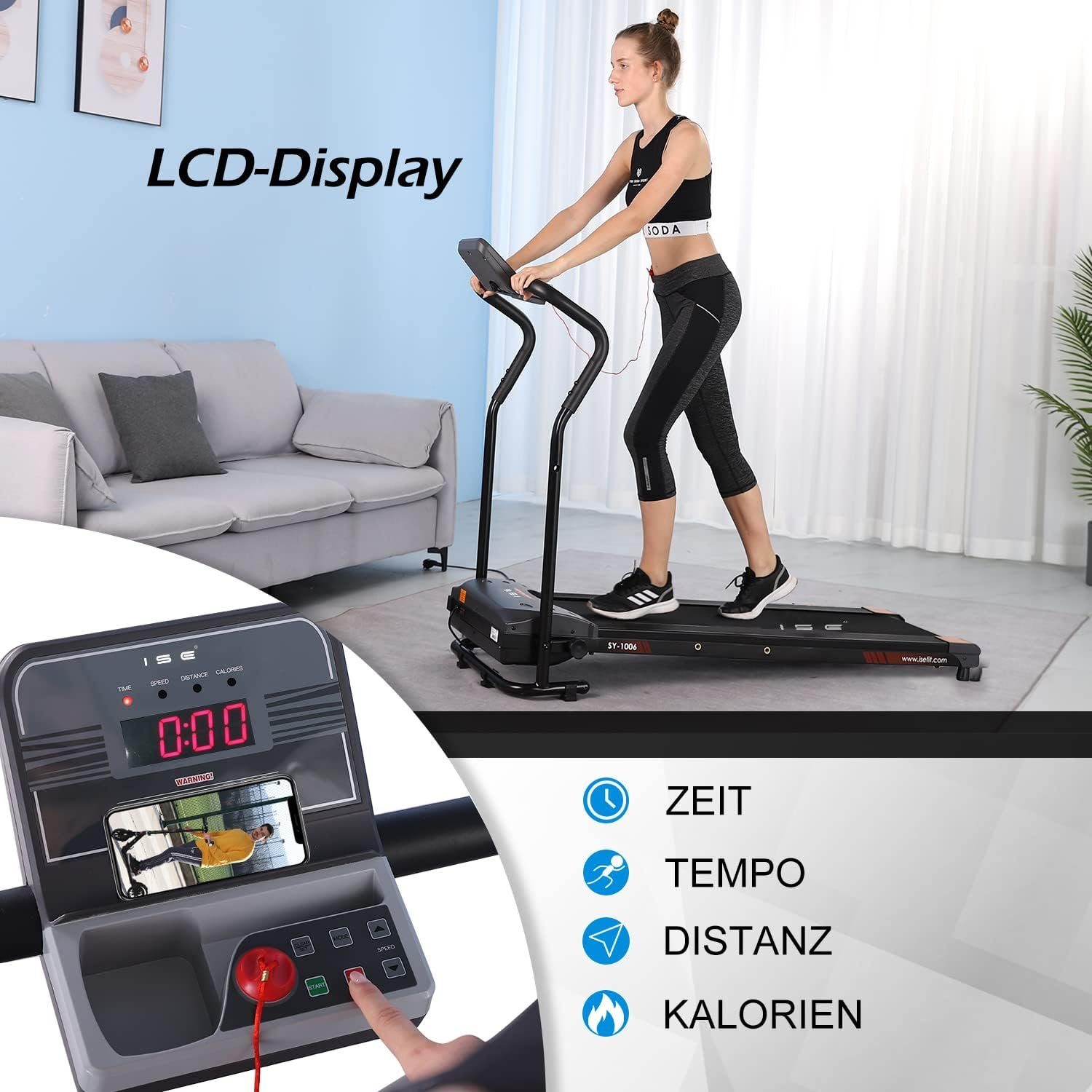 ISE Laufband (750W Motor, verstellbar Programmen, SY-1006), Zuhause, Geschwindigkeit Klappbares Laufband mit LCD-Bildschirm