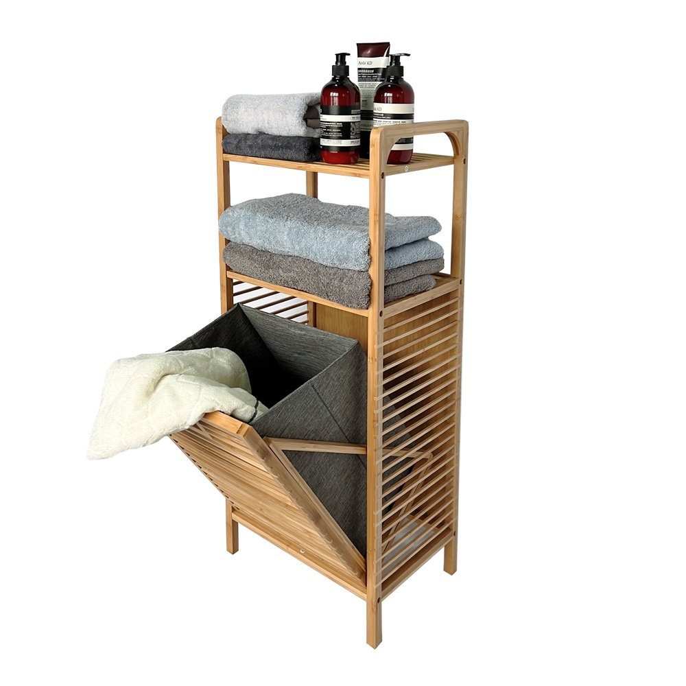 HAUOO Wäschekorb Badregal mit Abnehmbarem Wäschekorb, Badezimmerregal aus Bambus, Badschrank mit 2 Ablagen für Badaccessoires, mit Faltbarem Wäschesammler, für Badezimmer Schlafzimmer (einstellen, Wäschekorb+Bambusständer), Abnehmbar, Leicht zu beweg