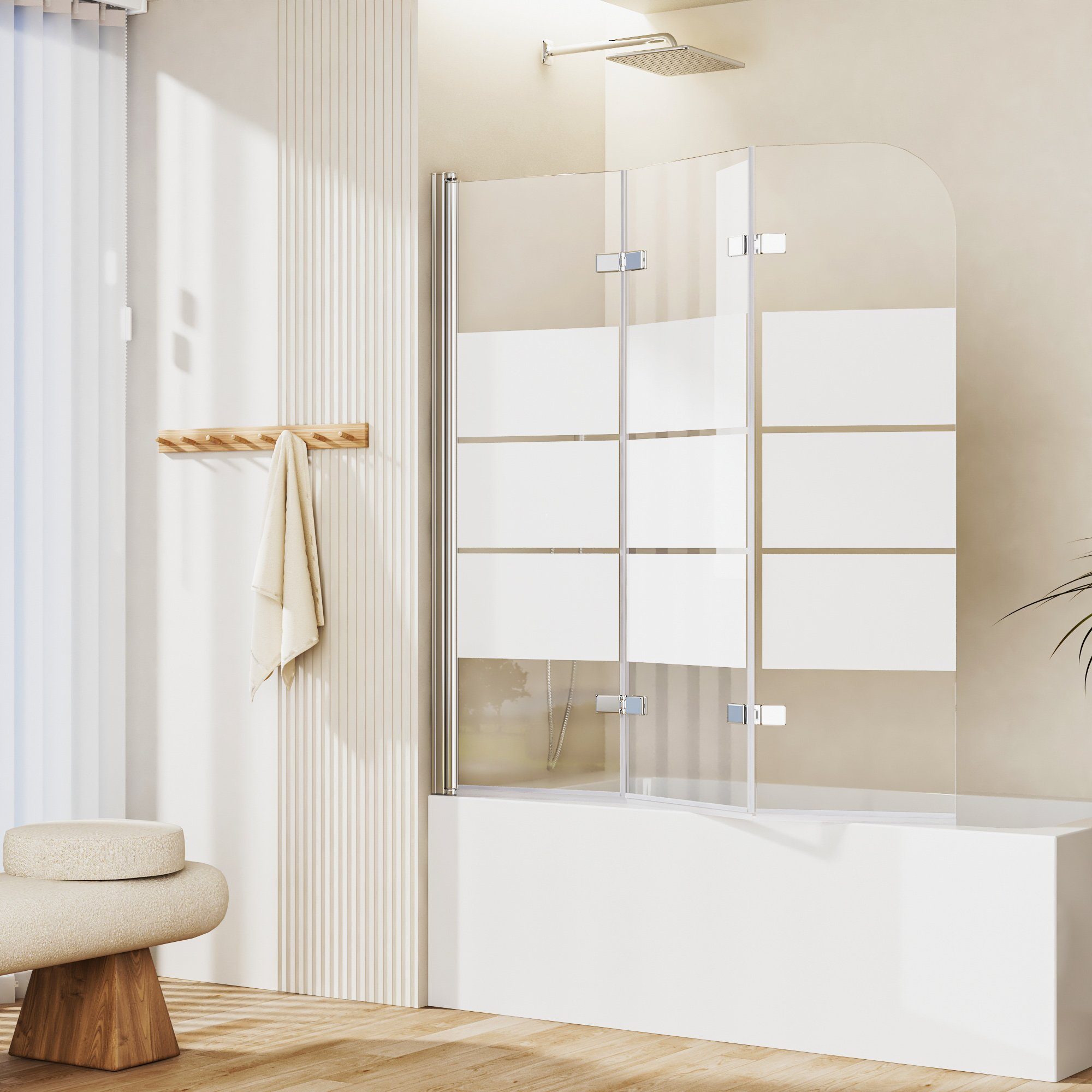 Boromal Badewannenaufsatz Duschwand für Badewanne Glas 3teilig 120x140cm klar/Gestreift für Glas, (Klarglas /Teilsatiniert glas), Badewannenfaltwand Glaswand 6mm ESG Glas