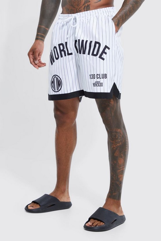 Mittellange gestreifte Basketball-Badehose mit Worldwide-Print