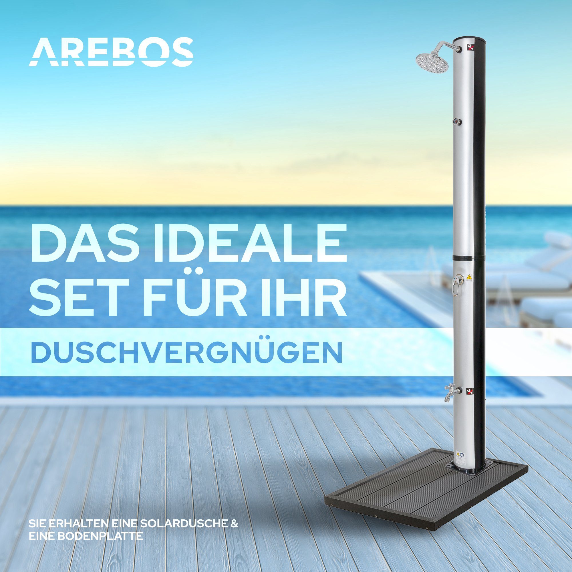 Arebos Solardusche 37L & Bodenelement, inklusive Abdeckhaube