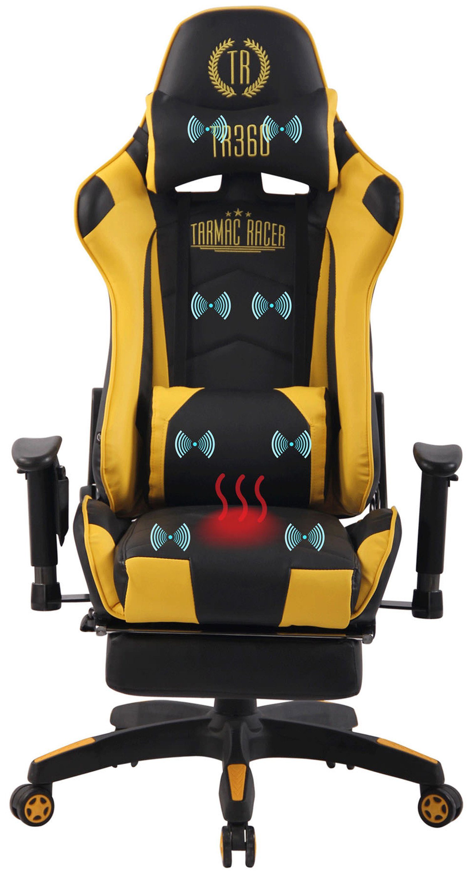TPFLiving Gaming-Stuhl Turbine mit bequemer Rückenlehne - höhenverstellbar und 360° drehbar (Schreibtischstuhl, Drehstuhl, Gamingstuhl, Racingstuhl, Chefsessel), Gestell: Kunststoff schwarz - Sitz: Kunstleder schwarz/gelb