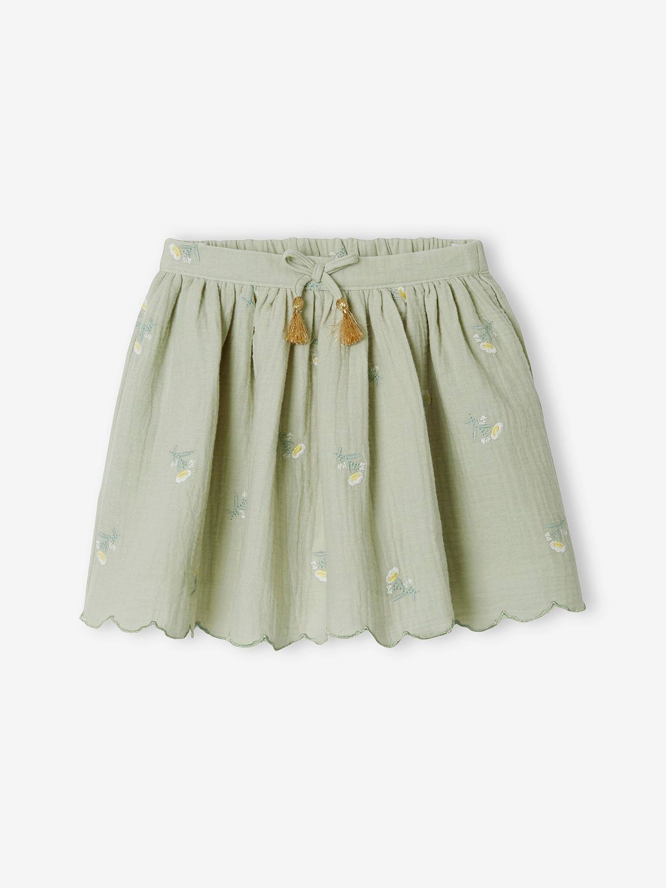 Jupe brodée en gaze de coton fille vert d'eau imprimé