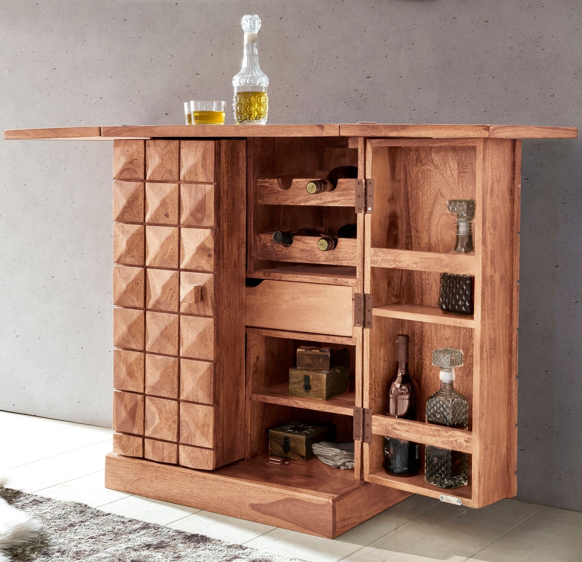 Wohnling Barschrank WL1.736 (Hausbar Akazie Massivholz 65x91x50 cm mit Türen) Weinbar Ausklappbar, Barschrank, Kleine Bar Buffet