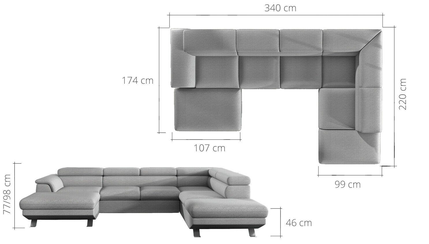 JVmoebel Ecksofa, Ecksofa U-Form Sofa Wohnlandschaft Garnitur Polster Bettfunktion