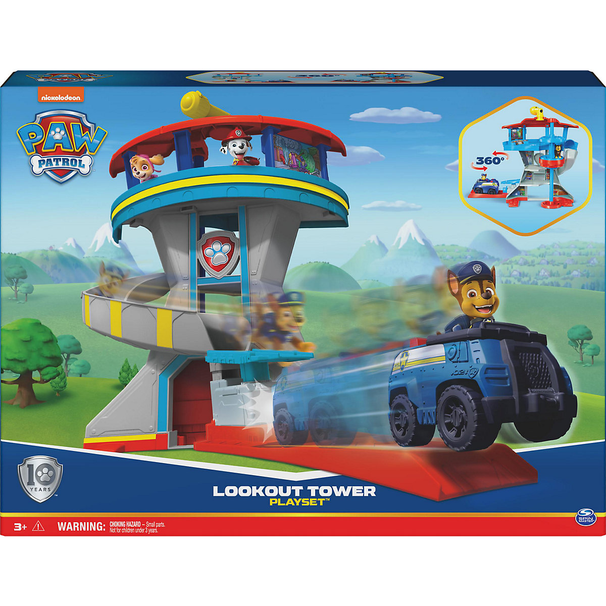 PAW Patrol. 10. Jubiläum, Lookout Tower, Hauptquartier Spielset mit 1 Chase Basis Fahrzeug, 2 Chase Figuren und Zubehör, geeignet für Kinder ab 3 Jahren